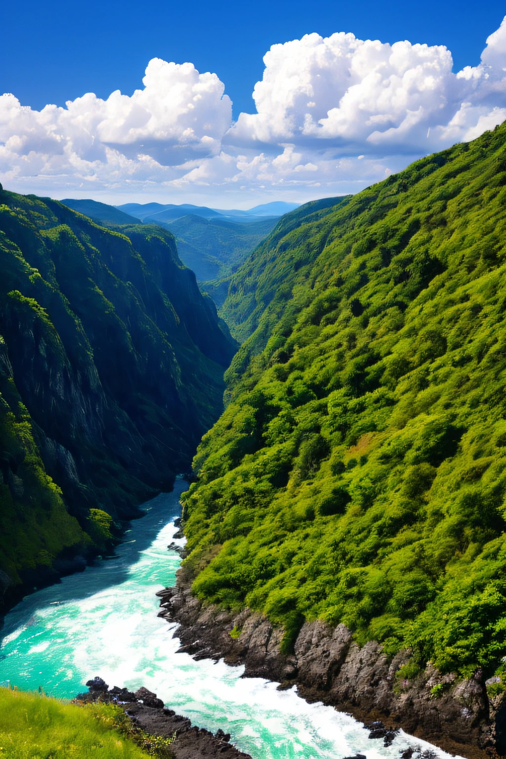 Masterpiece, ultimate quality, Cg unity 8k wallpaper, super delicate, beautiful sky and clouds, rich natural scenery, cliffs, lakes and rivers, waterfalls and flying water, beautiful green mountains, no trace of people, excellent scenery, has already won a photo contest, background Blurring, full depth of field, HDR high dynamics, true restoration, intricate, extreme details, dramatic presentation, perfectly presenting the style of midjourney art.