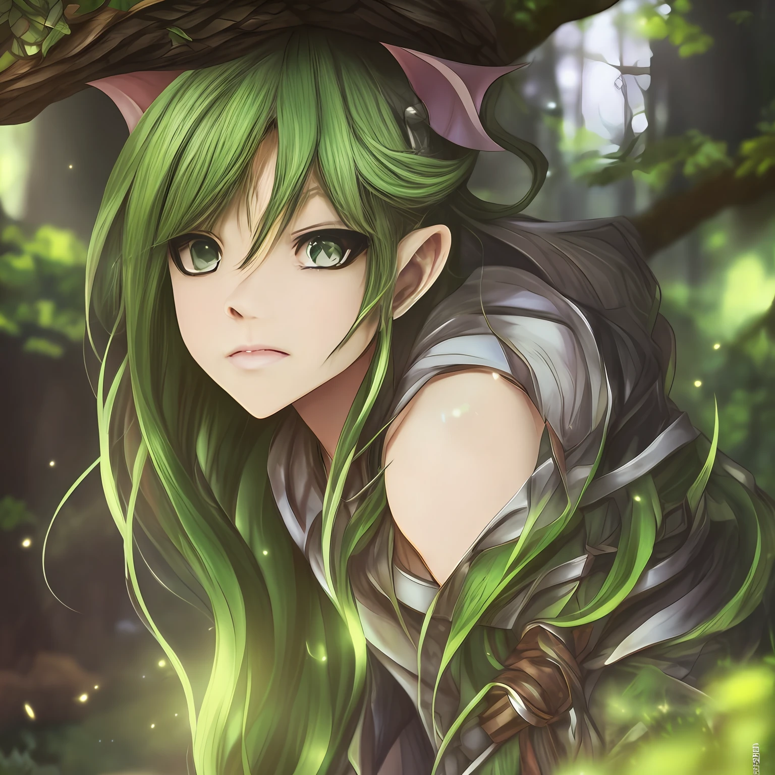 Goblin with ethereal beauty in the forest, cabelos longos cor do mogno com mechas douradas, olhos verdes, smooth pale skin, anime version, como franja
