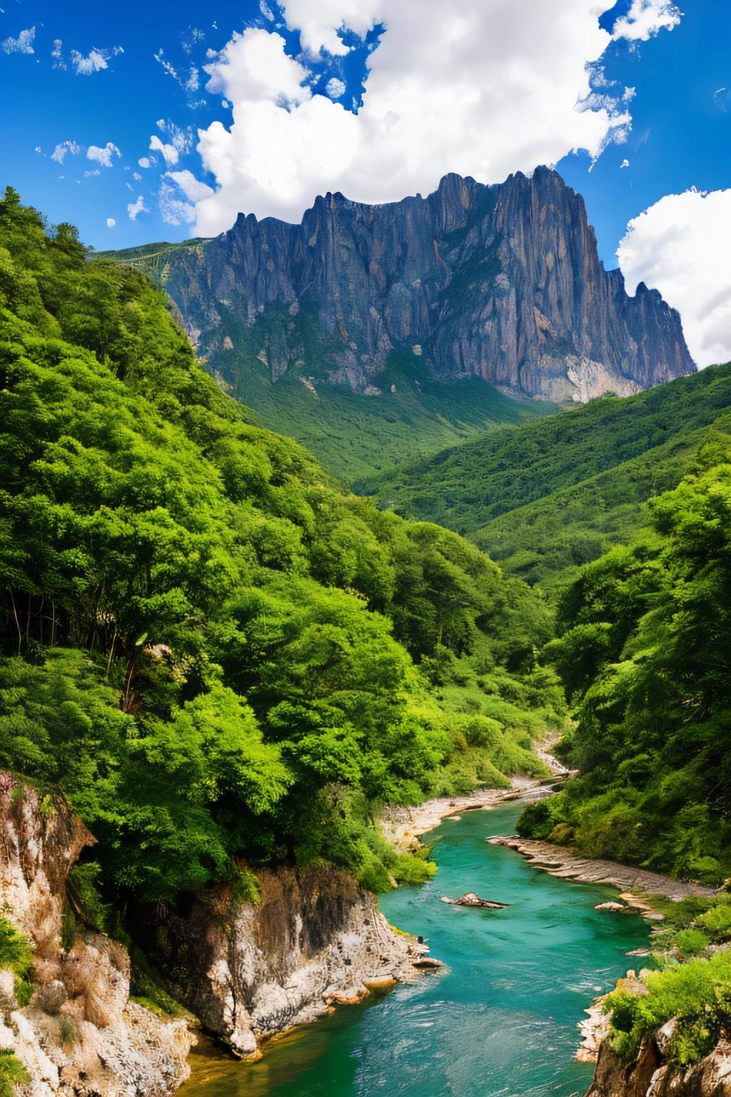 Masterpiece, ultimate quality, Cg unity 8k wallpaper, super delicate, beautiful sky and clouds, rich natural scenery, cliffs, lakes and rivers, waterfalls and flying water, beautiful green mountains, no trace of people, excellent scenery, has already won a photo contest, background Blurring, full depth of field, HDR high dynamics, true restoration, intricate, extreme details, dramatic presentation, perfectly presenting the style of midjourney art.
