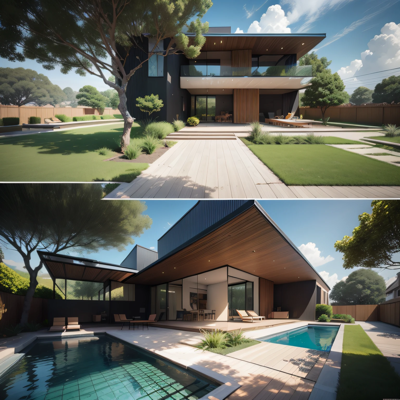 Organic modern architecture on a plot without walls and fences, Terreno bastante grande, terreno com cavalos, paisagem liver, pradaria com arvores , There is a swimming pool in the middle of a large one-story house, cor da casa em vigas marrom chocolate e preto, large modern residence, telhados planos e jardim, render luxcore, renderizar oktane, a photorealistic rendering, architectural render, mantra rendering, architectural render, realism rendering, architectural visualisation, piscina de bem-estar, architectural visualisation, Large green areas, com pequenas zonas de flores de lavanda, arbustos verdes tipo exuberante jardim verde, as well as small water mirrors, swimming pool embedded in an area of sand, oliveiras e pinheiros ao redor da casa, quadra de padel ao lado da casa