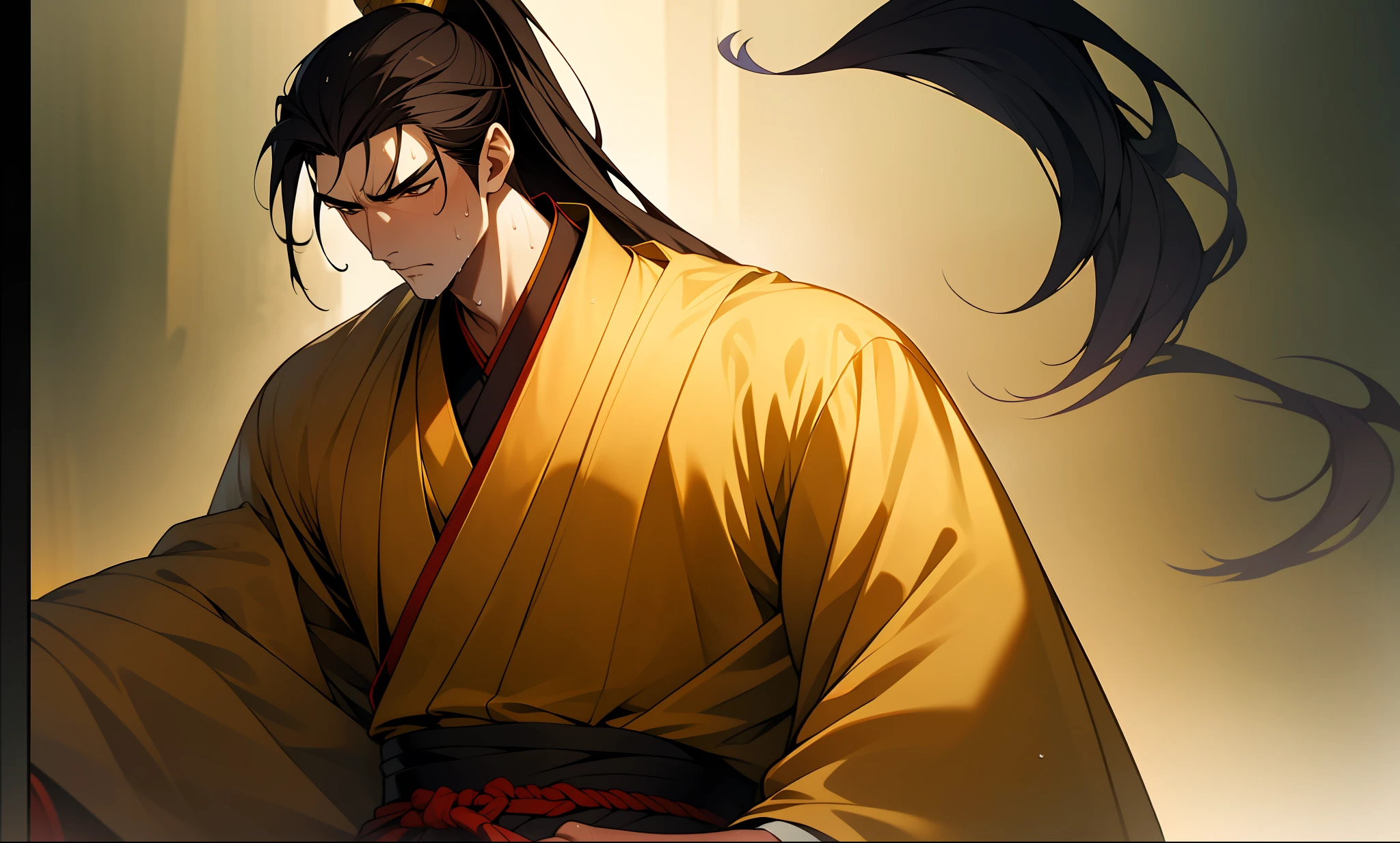 Two-dimensional, anime style, man (male warrior), muscle, correct proportions, face details, martial arts, high ponytail hairstyle, sweating, sweaty face, drooling, neck details, with Adam's apple, wet, wet, Hanfu costume, long robe, embroidered robe, dragon robe, clothing details, collar, long sleeves, game quality, swordsman demeanor, light and shadow tracing, ray tracing, detail glow, CG rendering, hair details, long black hair, golden eyes, sweaty face, handsome, handsome, sweat beads slipping down the neck, (juvenile feeling), complex clothing, wet, wet, perfect composition, refinement, high quality, more details, a lot of details, complex background, atmosphere,