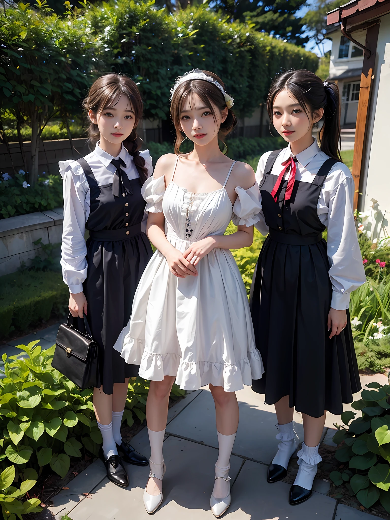 top-quality、masterpiece、超A high resolution、(Photorealsitic:1.4)、Raw photo、女の子1人、British Made、Maid headband with frills、poneyTail、Braiding hair、frilled blouse、Ribbon Ties、pinafore、long skirt、puff sleeves、White silk ankle socks with ruffles and black strap pumps、glistning skin、Standing with a bag in front of the garden arch