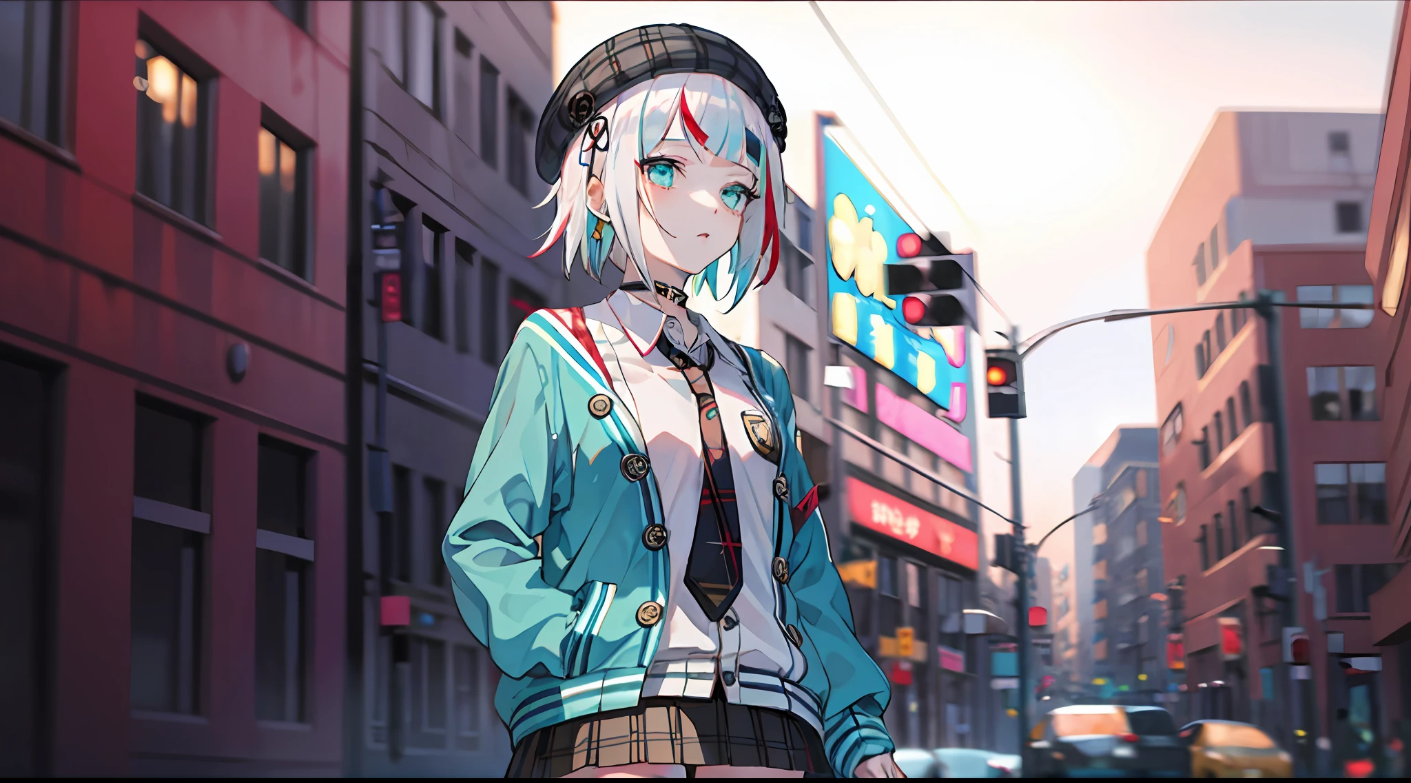 best quality, masterpiece, 1girl, solo, red gradient streaked hair, short hair, white hair, lily (wacca), black beret, plaid skirt, choker, cyan sweater jacket, collared shirt, black plaid necktie, sleeves past fingers, blunt bangs