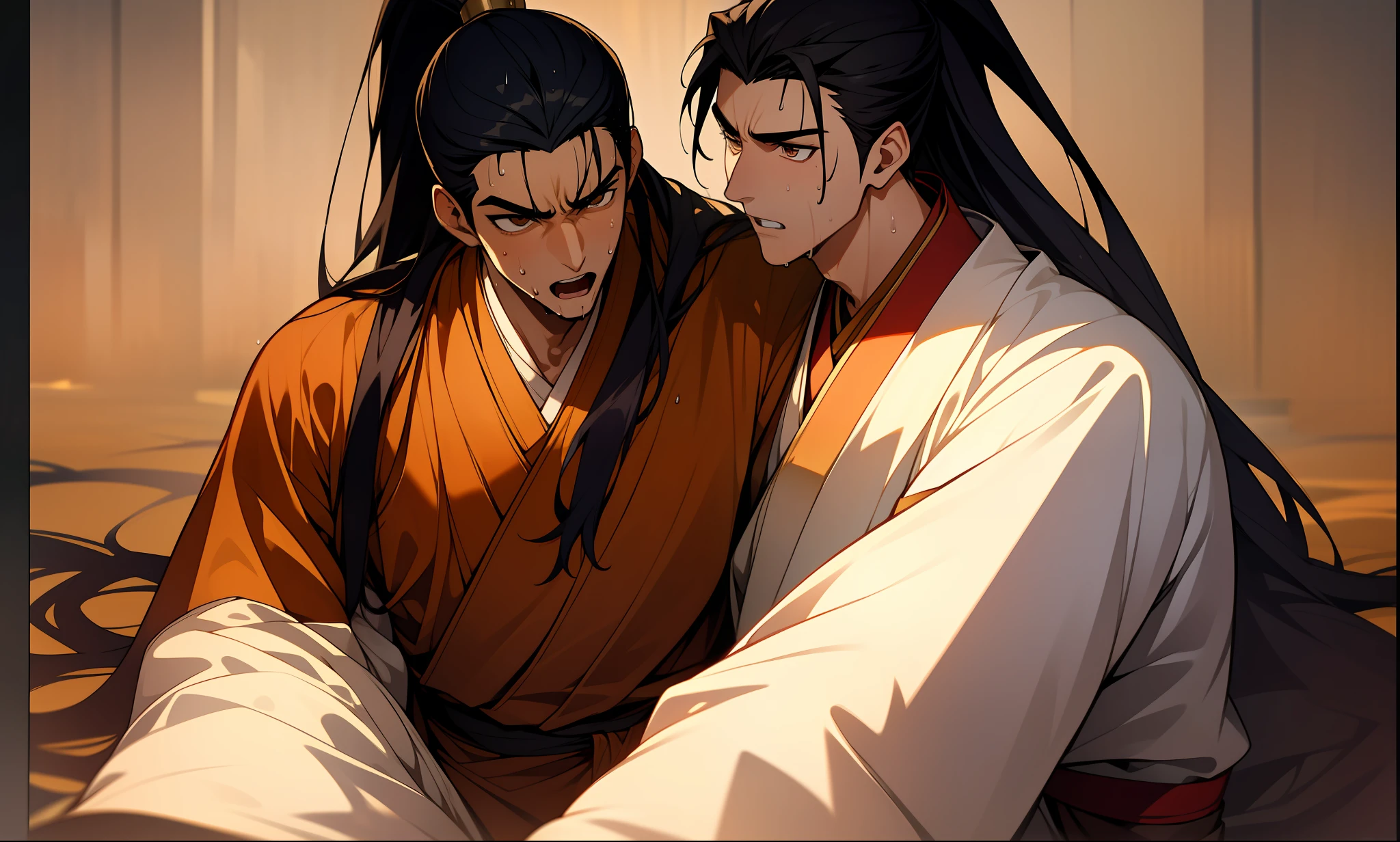 Two-dimensional, anime style, man (male warrior), muscle, correct proportions, face details, martial arts, high ponytail hairstyle, sweating, sweaty face, drooling, neck details, with Adam's apple, wet, wet, Hanfu costume, long robe, embroidered robe, dragon robe, clothing details, collar, long sleeves, game quality, swordsman demeanor, light and shadow tracing, ray tracing, detail glow, CG rendering, hair details, long black hair, golden eyes, sweaty face, handsome, handsome, sweat beads slipping down the neck, (juvenile feeling), complex clothing, wet, wet, perfect composition, refinement, high quality, more details, a lot of details, complex background, atmosphere,
