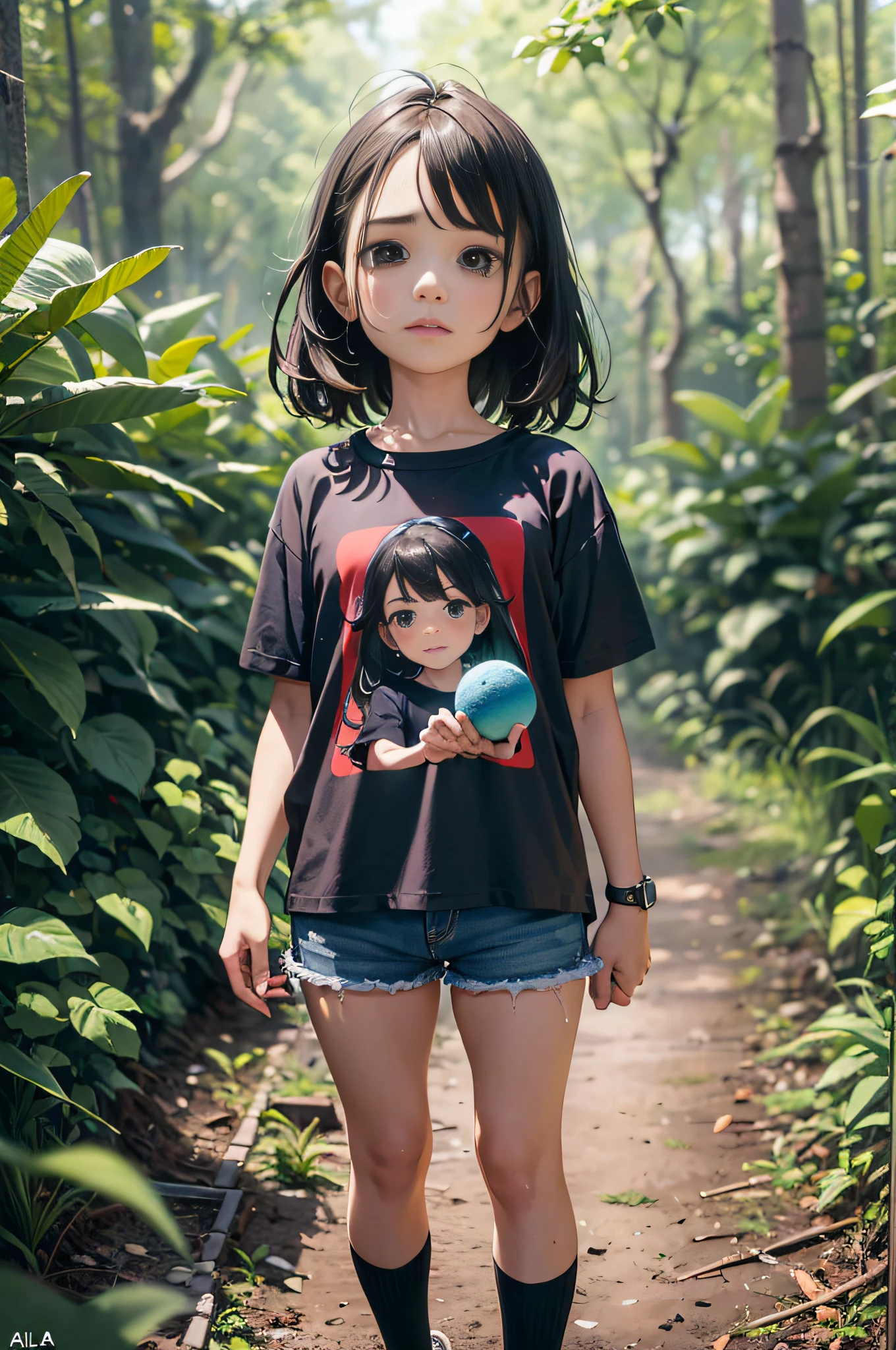uma chamada Anne de 8 anos de idade, corpo inteiro, pele branca, olhos pretos, fleshy lips, cabelo preto liso na altura dos ombros, small hands, olhos grandes e castanhos, picking up small stones from the ground in a forest, usando coton shorts preto e camiseta preta sem desenho nesta camiseta, sem imagem tenis preto, Absurdo, melhor qualidade, somente, lateralmente, The illustration is of an 8-yearfil lateral)) Standing looking up with a very sad face, chorando, ela usa shorts preto, black T-shirt and black sneakers.