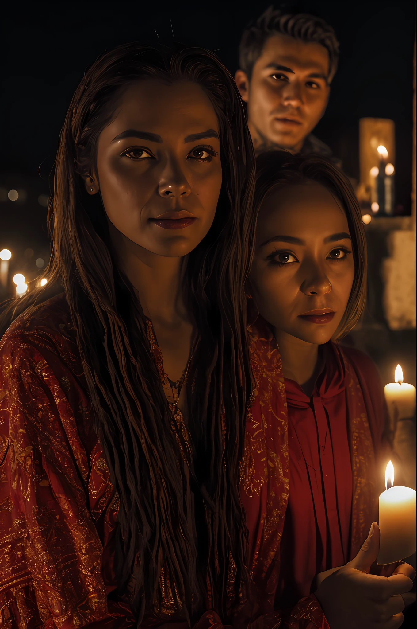 Un hombre y una mujer miran a camara, One holds a voodoo doll and another a red candle, 50mm, siniestra,cienma,8k