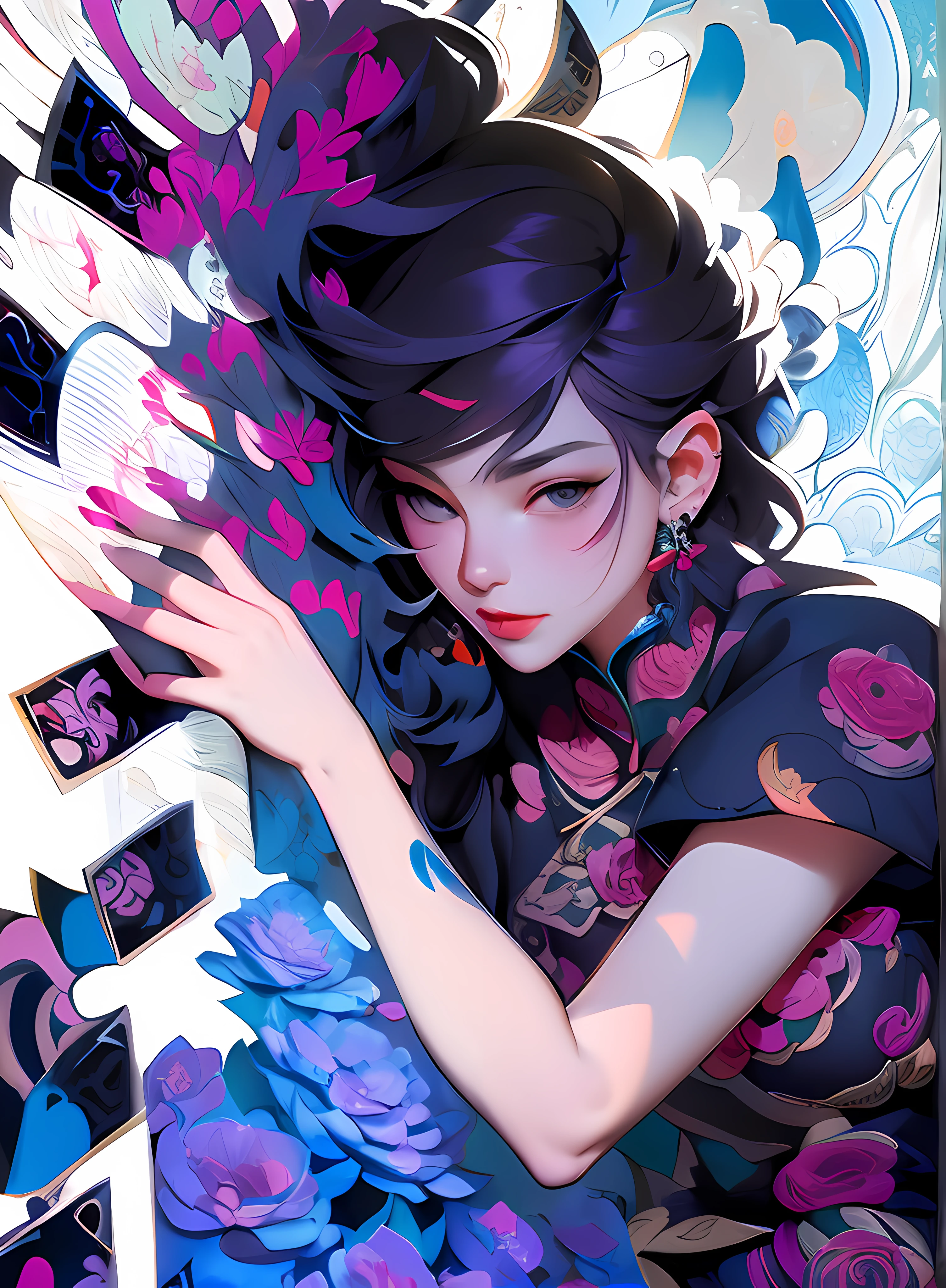 there is a woman laying on the ground with her head in her hands, artwork in the style of guweiz, digital anime illustration, digital art on pixiv, guweiz on pixiv artstation, artgerm and atey ghailan, guweiz, guweiz on artstation pixiv, digital anime art, mirrors edge art style,(masterpiece, top quality, best quality, official art, beautiful and aesthetic:1.2), (1girl:1.3), extremely detailed,(fractal art:1.1),(colorful:1.1)(flowers:1.3),highest detailed,(zentangle:1.2), (dynamic pose), (abstract background:1.3), (chinese Traditional cloth:1.2), (shiny skin), (many colors:1.4), ,(earrings:1.4),