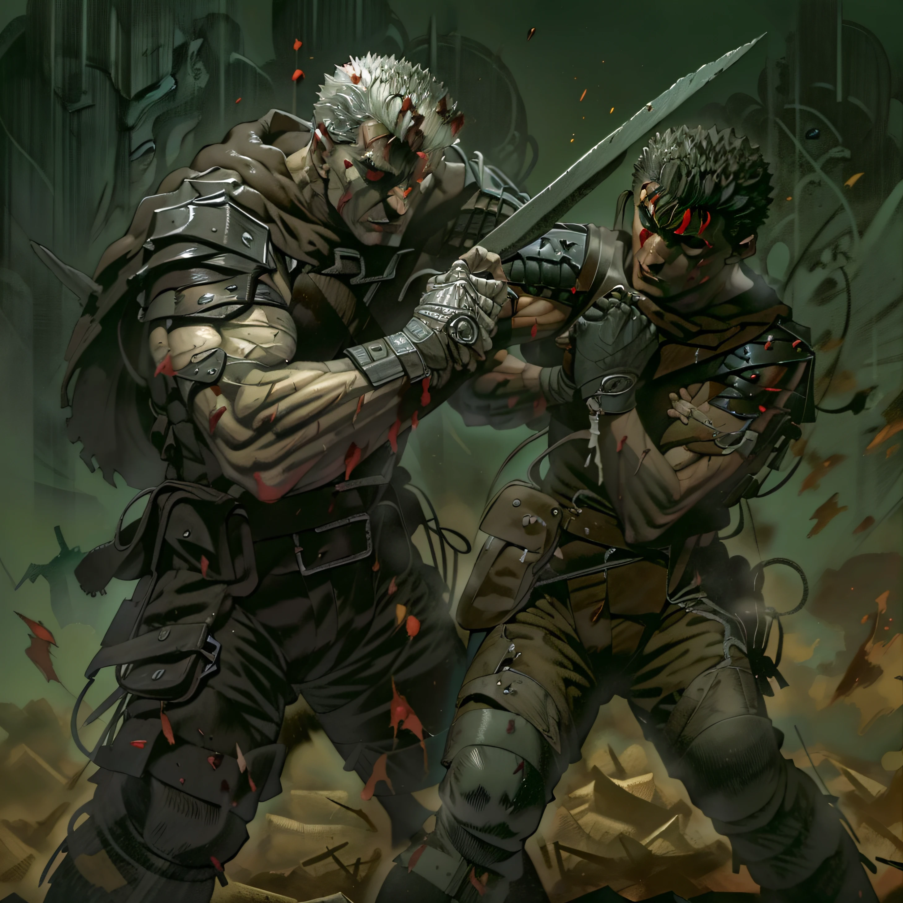 "guts, dark and gritty, intense and raw, brutal action, blood and violence, muscular and determined protagonist, epic battles, fierce determination, dark fantasy setting, adrenaline-fueled, visceral combat"
