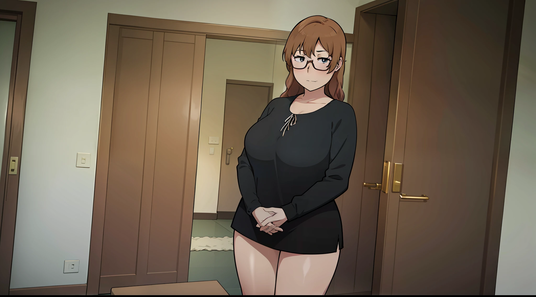 anime woman in black shirt and glasses standing in front of a door, cell shaded adult animation, thicc, cel shaded anime, hinata hyuga, yayoi kasuma, shirobako, cel - shaded art style, anime girl wearing a black dress, nishimiya shouko, adult character, junko enoshima, sankakucomplex anime image, cinematic light, NTRman,