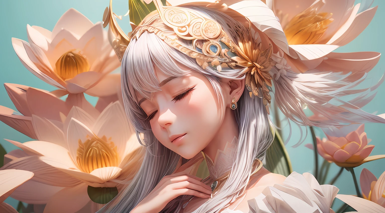 (illustration:1.3),paper art, 3D rendering，blue background，(Beauty side face,close eyes:1.3)，（lotus：1.2）, Colorful, Best quality, Detailed details, Masterpiece, offcial art, Cinematic lighting effects, 4K，chiaroscuro, sparkle