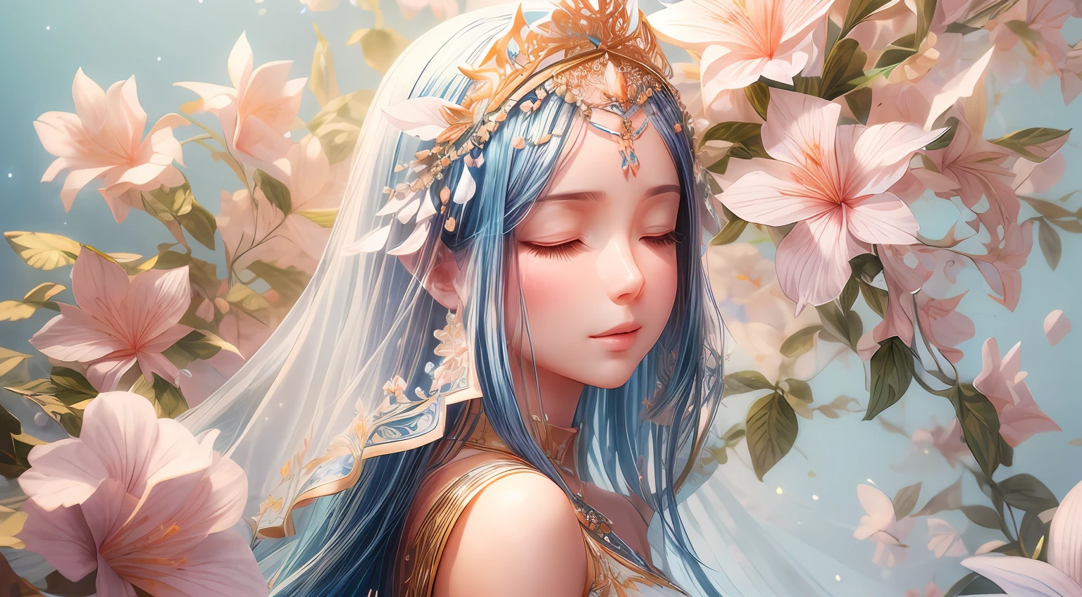 (illustration:1.3),paper art, 3D rendering，blue background，(Beauty side face,close eyes:1.3)，（Jasminum sambac：1.2）, Colorful, Best quality, Detailed details, Masterpiece, offcial art, Cinematic lighting effects, 4K，chiaroscuro, sparkle