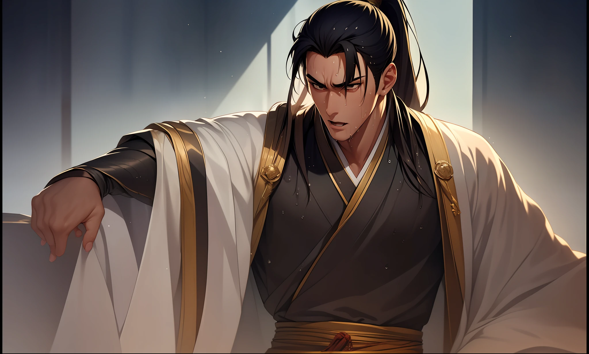 Two-dimensional, anime style, man (male warrior), muscle, correct proportions, face details, martial arts, high ponytail hairstyle, sweating, sweaty face, drooling, neck details, with Adam's apple, wet, wet, Hanfu costume, long robe, embroidered robe, dragon robe, clothing details, collar, long sleeves, game quality, swordsman demeanor, light and shadow tracing, ray tracing, detail glow, CG rendering, hair details, long black hair, golden eyes, sweaty face, handsome, handsome, sweat beads slipping down the neck, (juvenile feeling), complex clothing, wet, wet, perfect composition, refinement, high quality, more details, a lot of details, complex background, atmosphere,