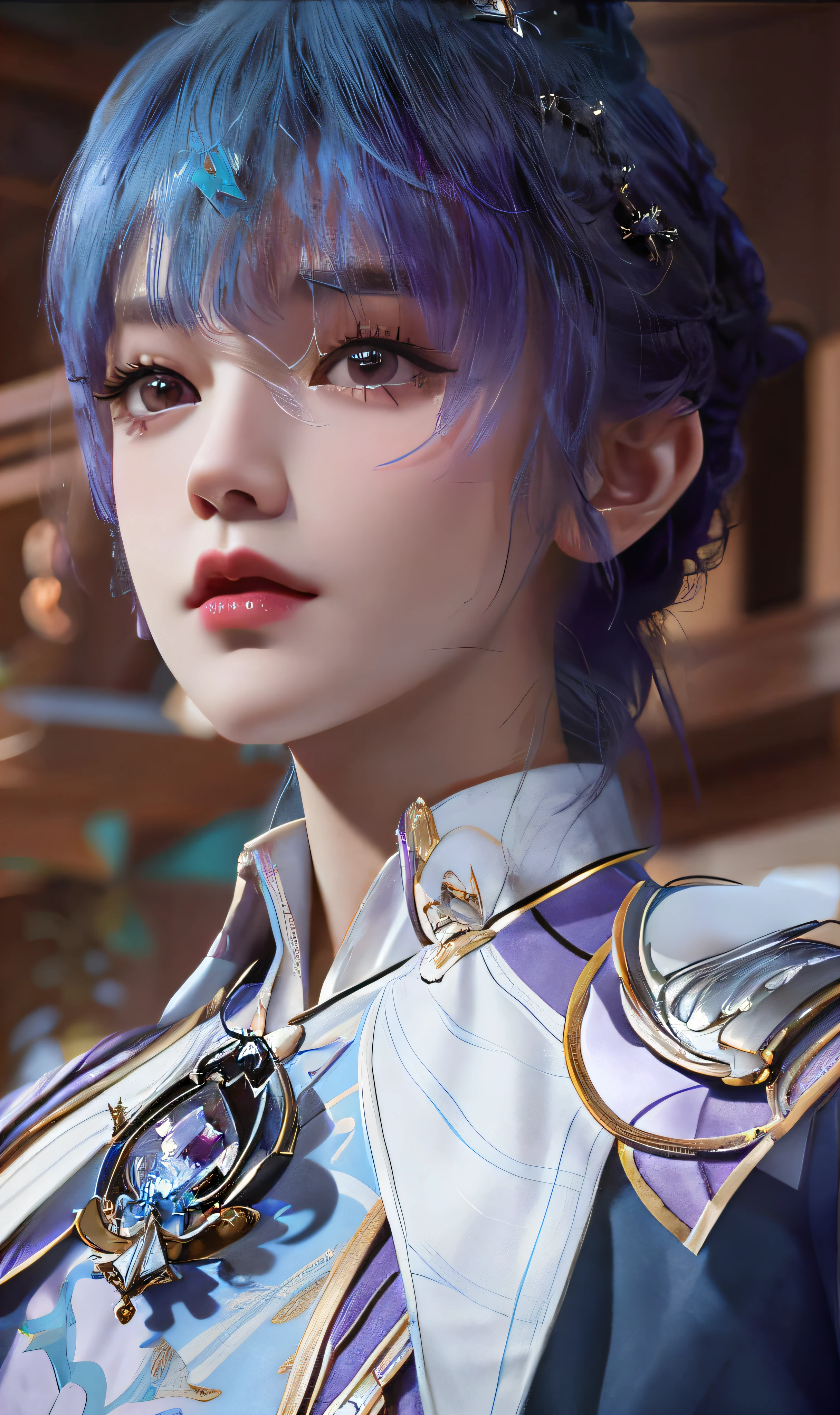 Close-up of a woman with blue hair and a purple shirt, Superb beauty，（（short detailed hair）），Portrait Chevaliers du Zodiaque Fille, zhongli from genshin impact, Keqing from Genshin Impact, Yun Ling, inspired by Leng Mei, Beautiful character painting, uma linda princesa， Exquisite princess, portrait of a female mage, Rendu portrait 8k