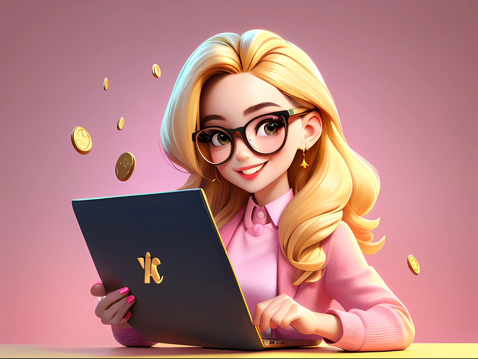 Lovely girl holding a computer in her hand, smiling mouth, wearing glasses, chic style. Pink shirt, blonde hair. Many gold coins glittered around.