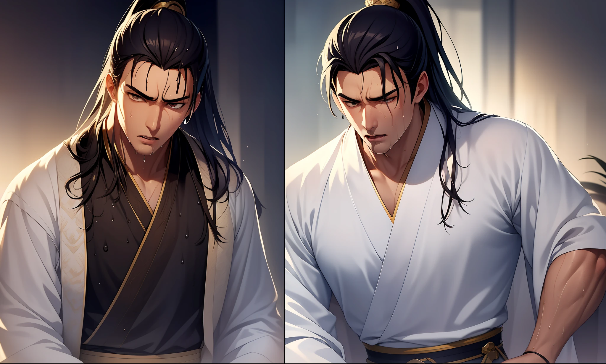 Two-dimensional, anime style, man (male warrior), muscle, correct proportions, face details, martial arts, high ponytail hairstyle, sweating, sweaty face, drooling, neck details, with Adam's apple, wet, wet, Hanfu costume, long robe, embroidered robe, dragon robe, clothing details, collar, long sleeves, game quality, swordsman demeanor, light and shadow tracing, ray tracing, detail glow, CG rendering, hair details, long black hair, golden eyes, sweaty face, handsome, handsome, sweat beads slipping down the neck, (juvenile feeling), complex clothing, wet, wet, perfect composition, refinement, high quality, more details, a lot of details, complex background, atmosphere,