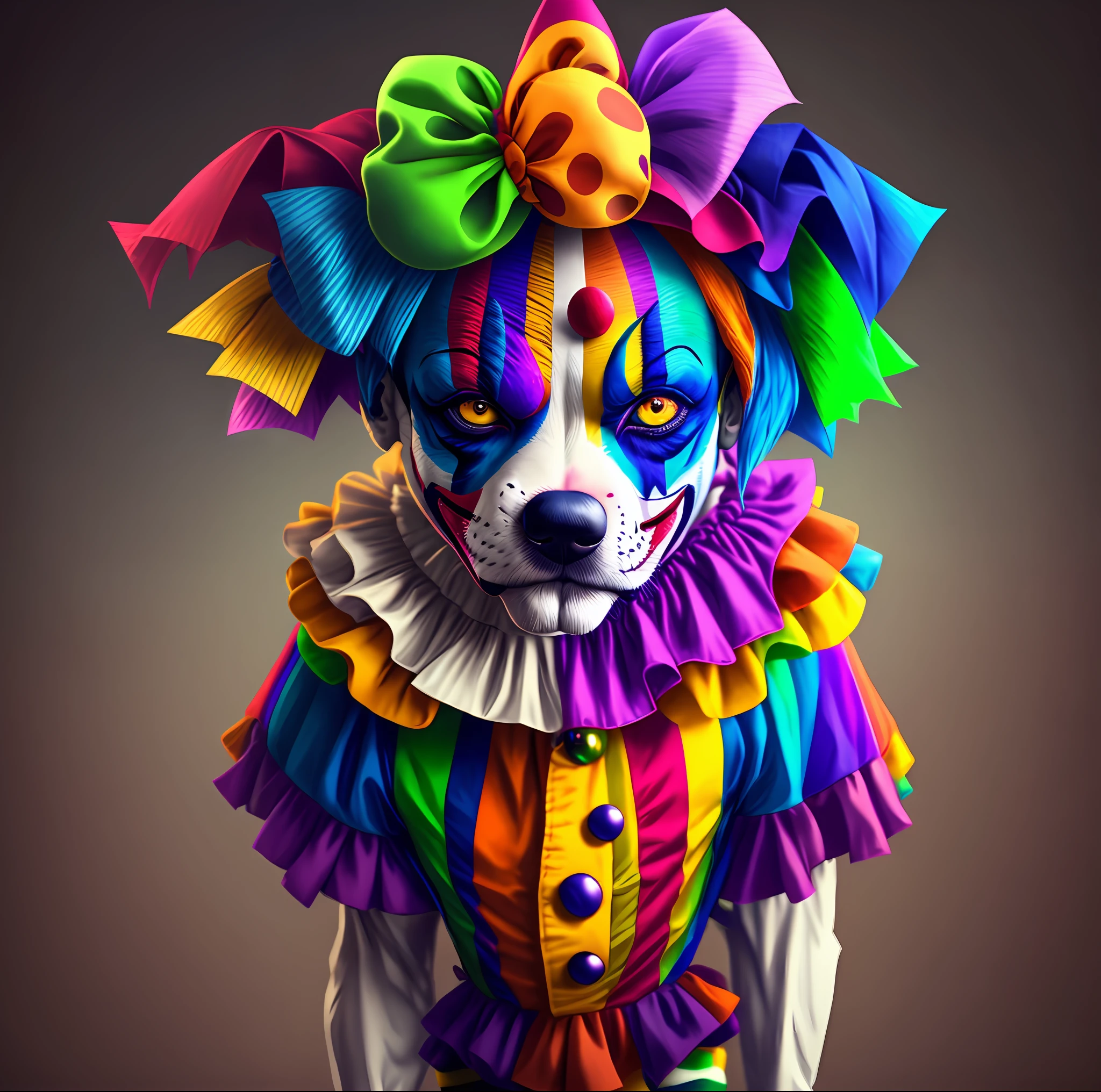 The Arafede dog dressed as a clown has a funny expression, as the joker, cutecore clowncore, wearing accurate clown makeup, Put on clown makeup, clown makeup and rainbow wig, King Pepe wears a rainbow wig, clown makeup, joker looks like naruto, High quality clothing, OMG, Clown makeup, Realistic clown makeup, real clown makeup, Wearing bizarre clown makeup --auto