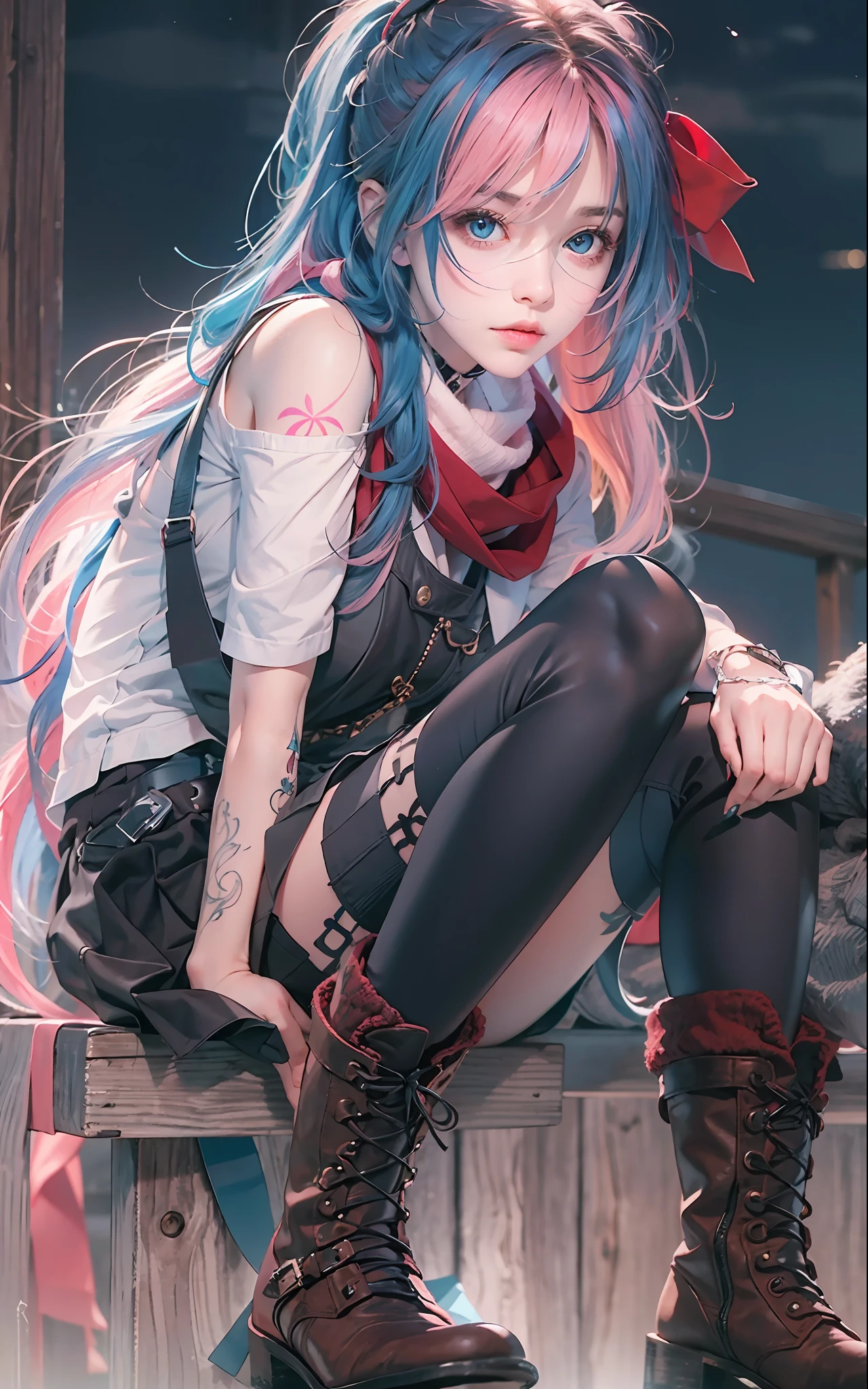 (masterpiece, best quality), 1girl, long hair, blue hair, white T-shirt, black vest, pink skirt, red scarf, tattoos, choker, pink riding boots, stockings, night