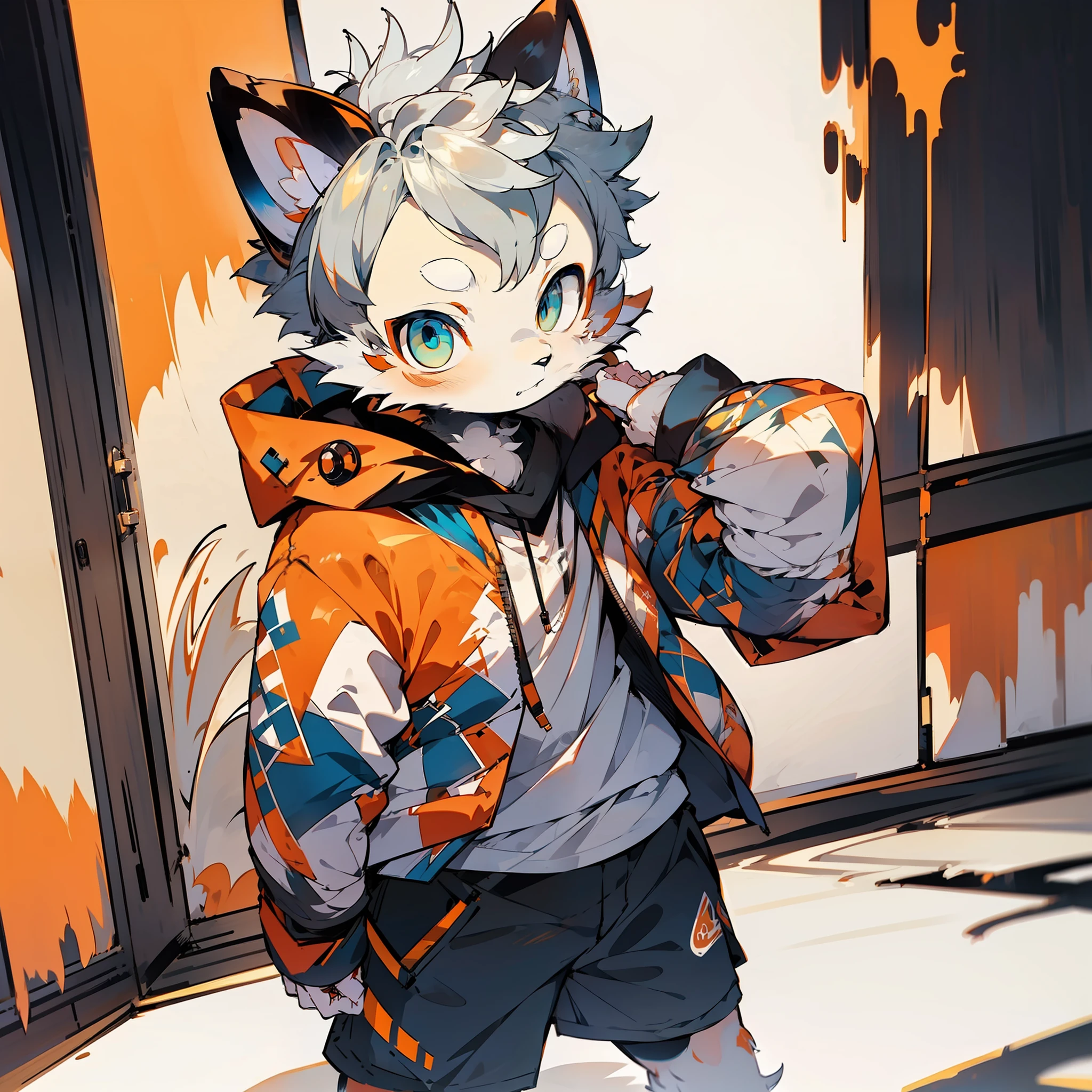 Navy blue sleeves,Shota,Furry,Cute,Lovely,Orange fur,White ears,Blue eyes,Gray hoodie,Gray shorts,warm lights,Daytime,fantastic shadow sunshine