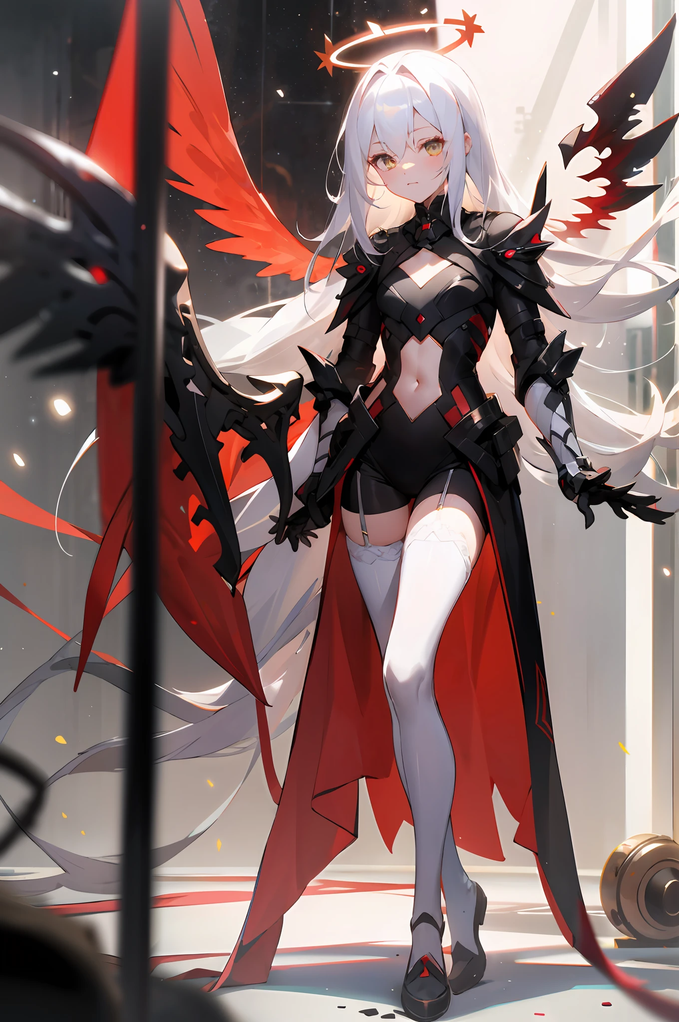 long white hair,looks away,are standing,embarressed,Be red in the face,Keep one's mouth shut,Clamp your legs,Fleshy legs,A white halo on the head,There are black particle wings on the back,Wear white stockings,exposing your navel