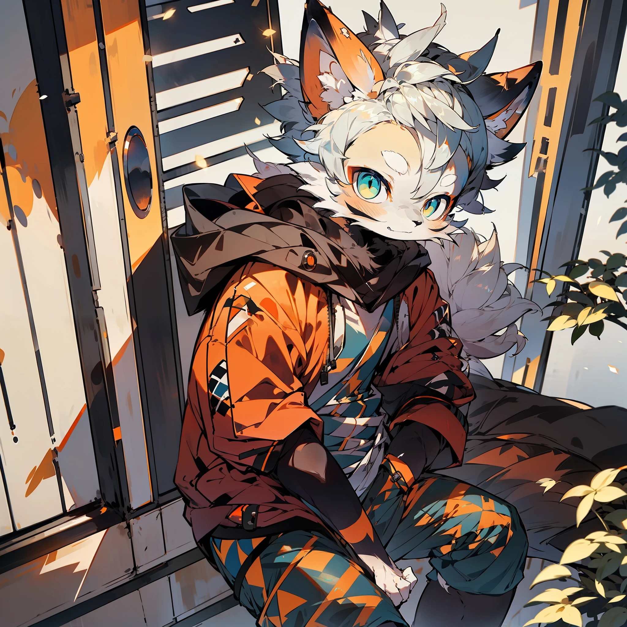 Navy blue sleeves,Shota,Furry,Cute,Lovely,Orange fur,White ears,Blue eyes,Gray hoodie,Gray shorts,warm lights,Daytime,fantastic shadow sunshine