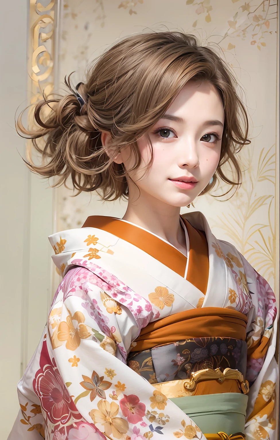 top-quality、Face Focus、softlight、(depth of fields)、超A high resolution、(Realistic:1.4)、Raw photography、(portlate:1.4)、(From Side:1.2) 1日本人の女の子、独奏、cute little、(full of shyness、A smile:1.1)、(Brown-eyed)、detailed beautiful faces、(short-hair)、traditional Japanese kimono、Luxury kimono、no wrinkles at all