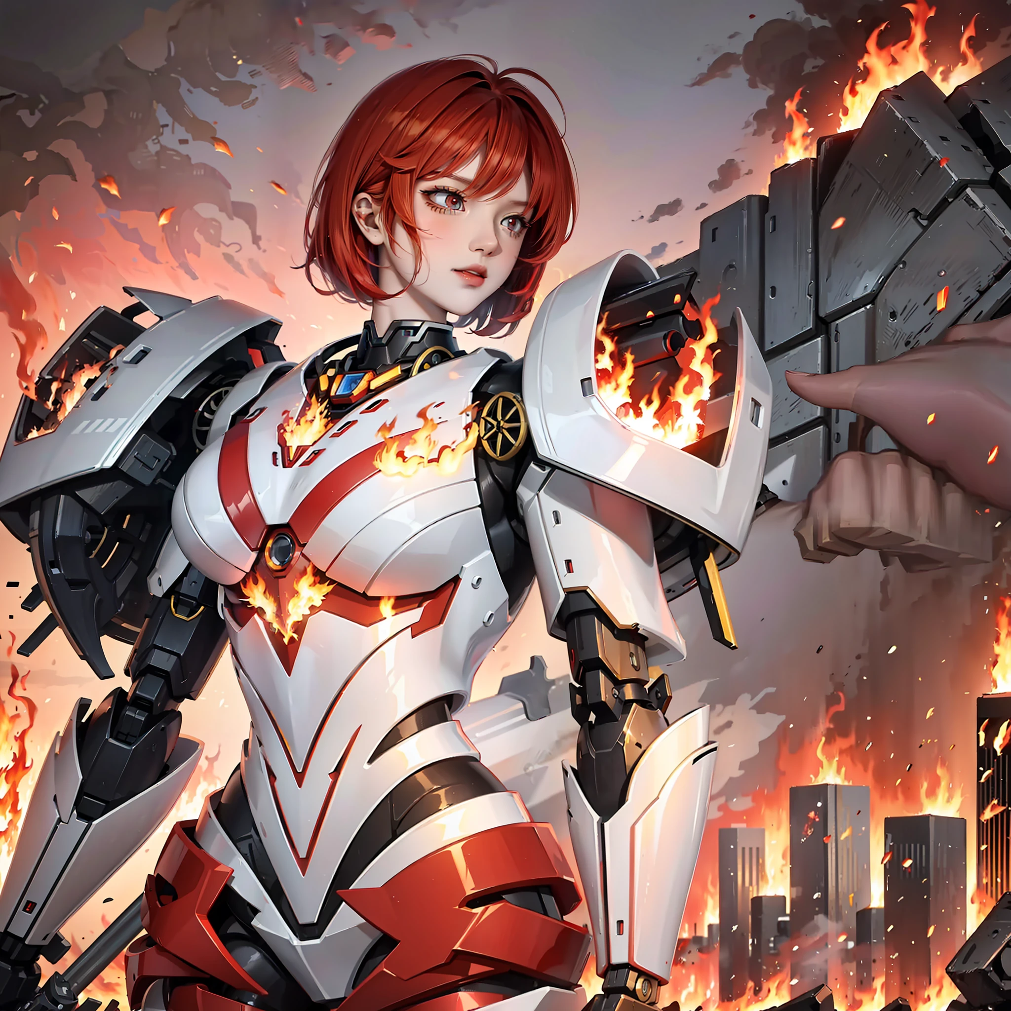 The mecha red flame short hair is surrounded by flames,Hell background,The eyes are more determined,surrounded with fire,Mecha more flame element