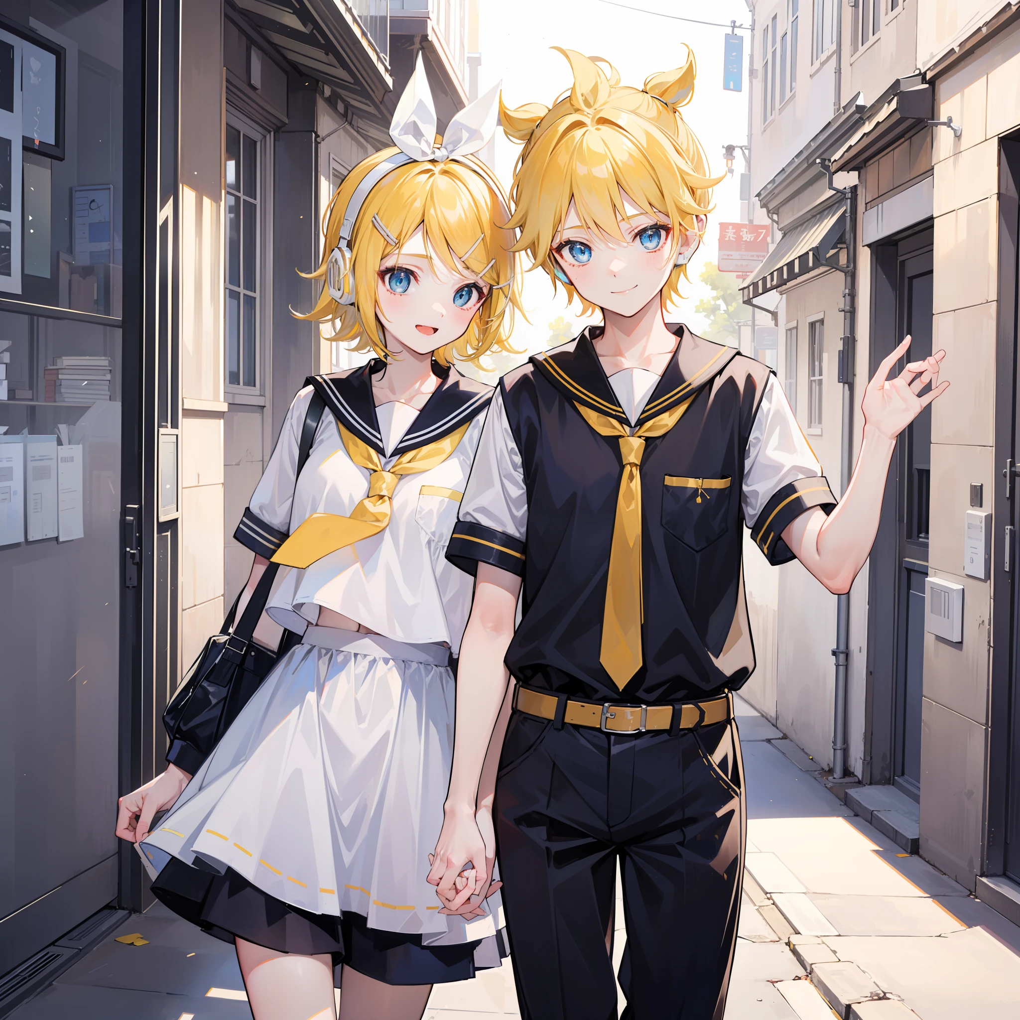 best quality, ultra precision, only two person, one boy and one girl, (a boy is Kagamine_Len), (a girl is Kagamine_Rin), blue eyes, cute, short hair, head phone, blond hair, sailor uniform, black short pants, belt, yellow necktie, smile, elementary school student, , twins, love each other, siblings, children, (boy is as tall as girl), kids, characters focus, couple, love each other, stroll, look at each other, platonic love, cool boy, cute girl, hold hands, cowboy shot,