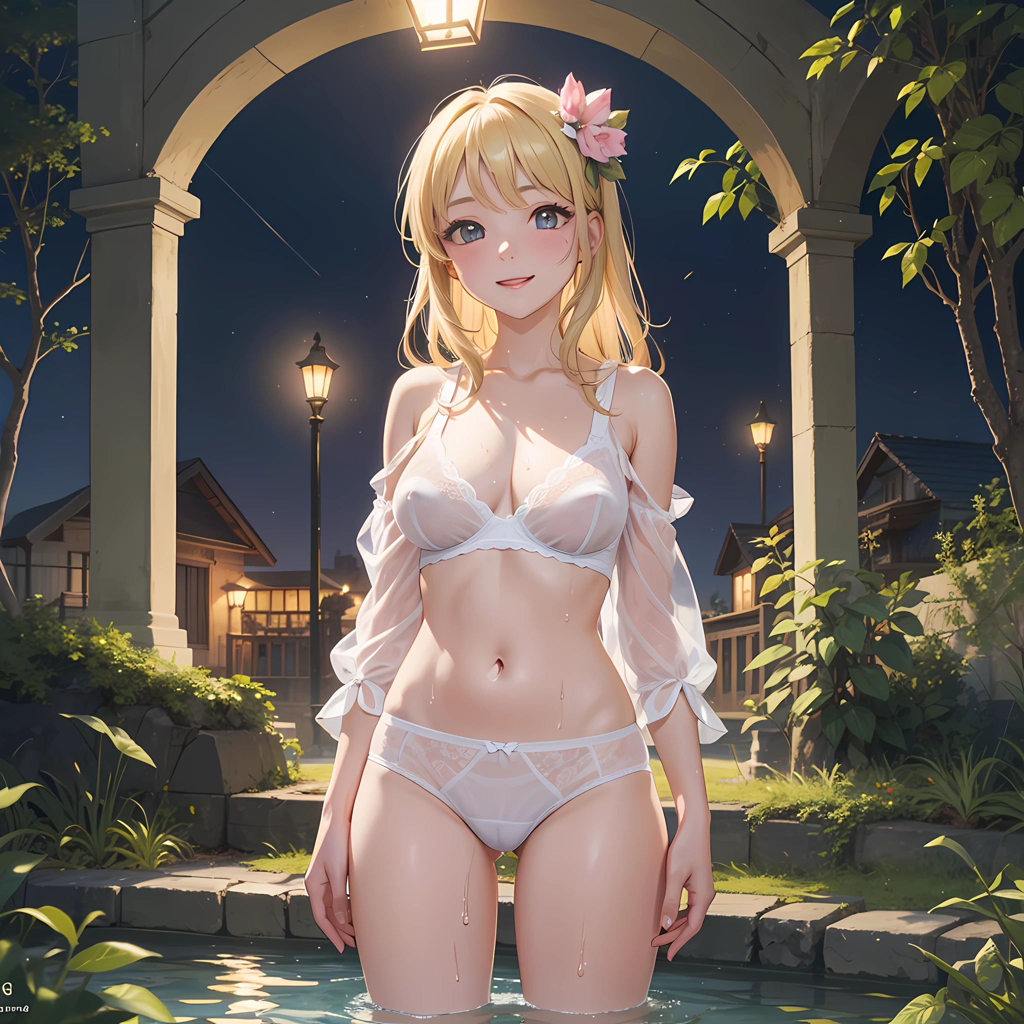 (top-quality、masterpiece), 16-year-old beauty, photon maping, Chiaroscuro, Wet white underwear, scanties, see -through, camel's toe, pink, Standing in underwear in the dark, Front spotlight, peaceful ambiance, eyes gentle, kindly smile, blond girl, slim hip, satisfied, time: mid night, Background with: a park