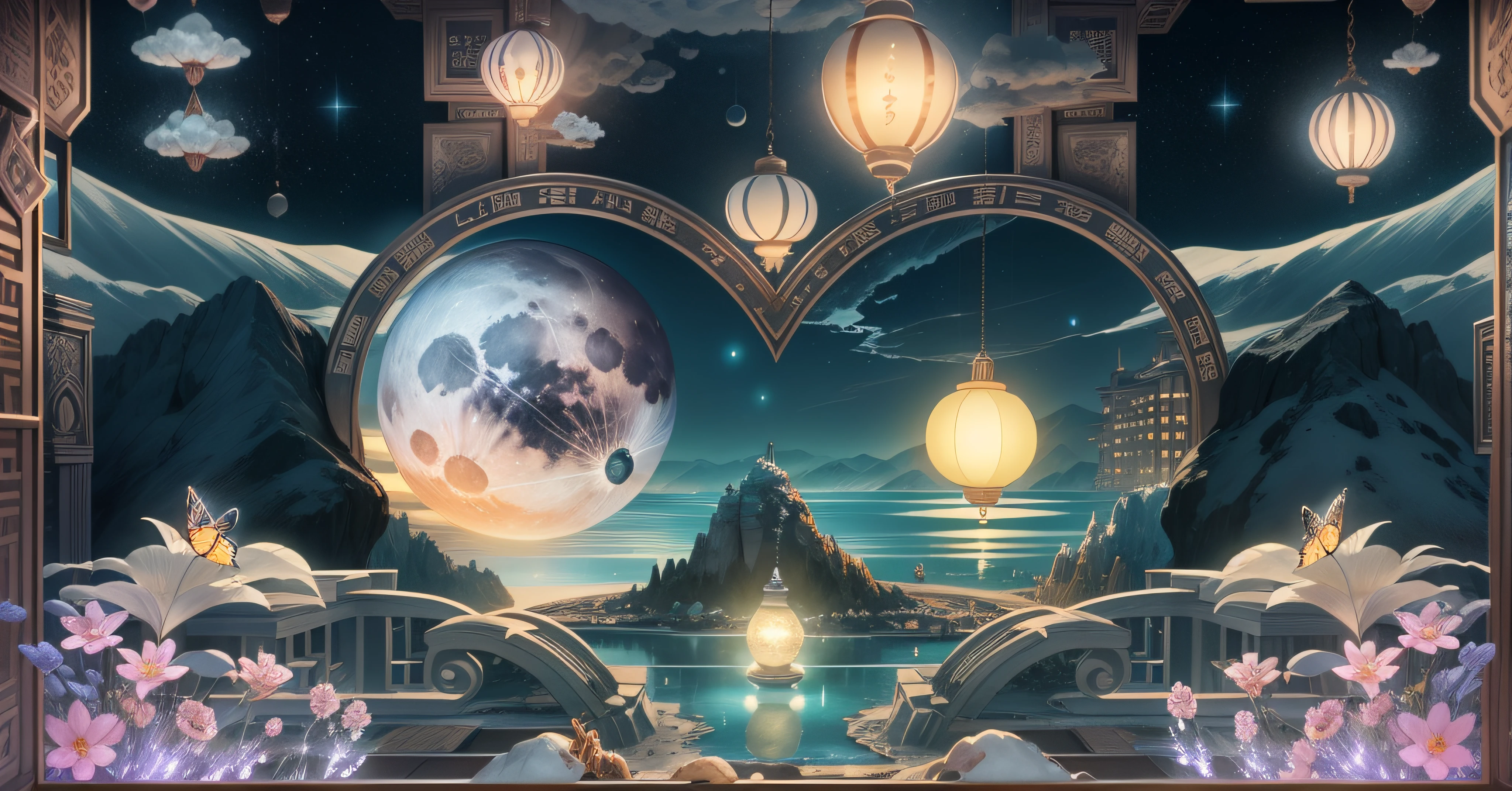 tmasterpiece,Best quality at best,(Very detailed CG unity 8K wallpaper),(Best quality at best),(The best illustrations),paper lanterns、China-style、inside in room,Panoramic window sills、(Huge Full Moon、super moon、In the middle of thepicture)、Far Mountain、Cloud、aquarelle、lakes、As estrelas、meteors、poster for、(glowworm),butterflys,(with light glowing),(Particle effect), Isometric 3D, Octane rendering, Ray traching, ultra-detailliert