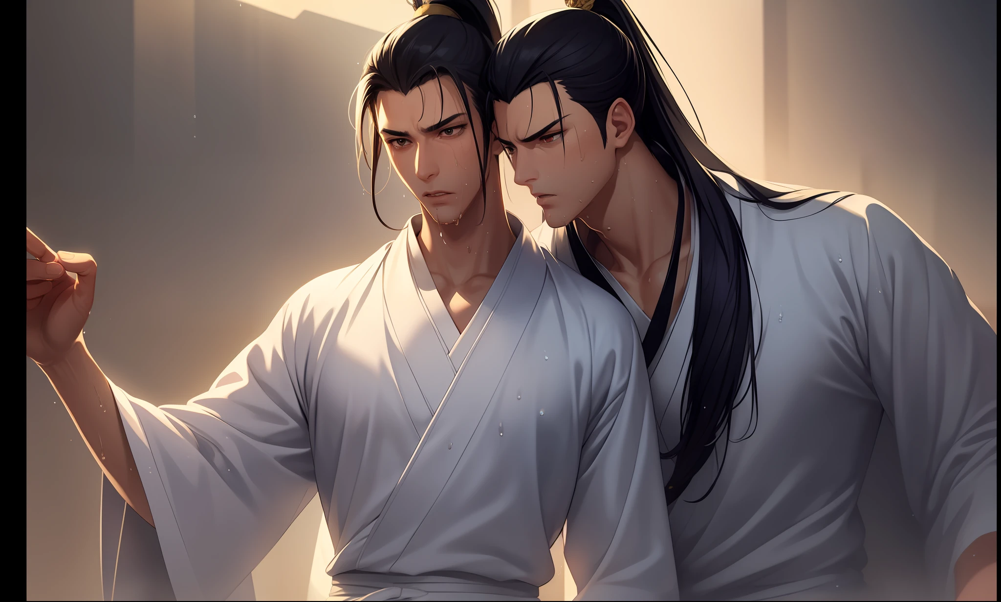Two-dimensional, anime style, man (male warrior), muscle, correct proportions, face details, martial arts, high ponytail hairstyle, sweating, sweaty face, drooling, neck details, with Adam's apple, wet, wet, Hanfu costume, long robe, embroidered robe, dragon robe, clothing details, collar, long sleeves, game quality, swordsman demeanor, light and shadow tracing, ray tracing, detail glow, CG rendering, hair details, long black hair, golden eyes, sweaty face, handsome, handsome, sweat beads slipping down the neck, (juvenile feeling), complex clothing, wet, wet, perfect composition, refinement, high quality, more details, a lot of details, complex background, atmosphere,