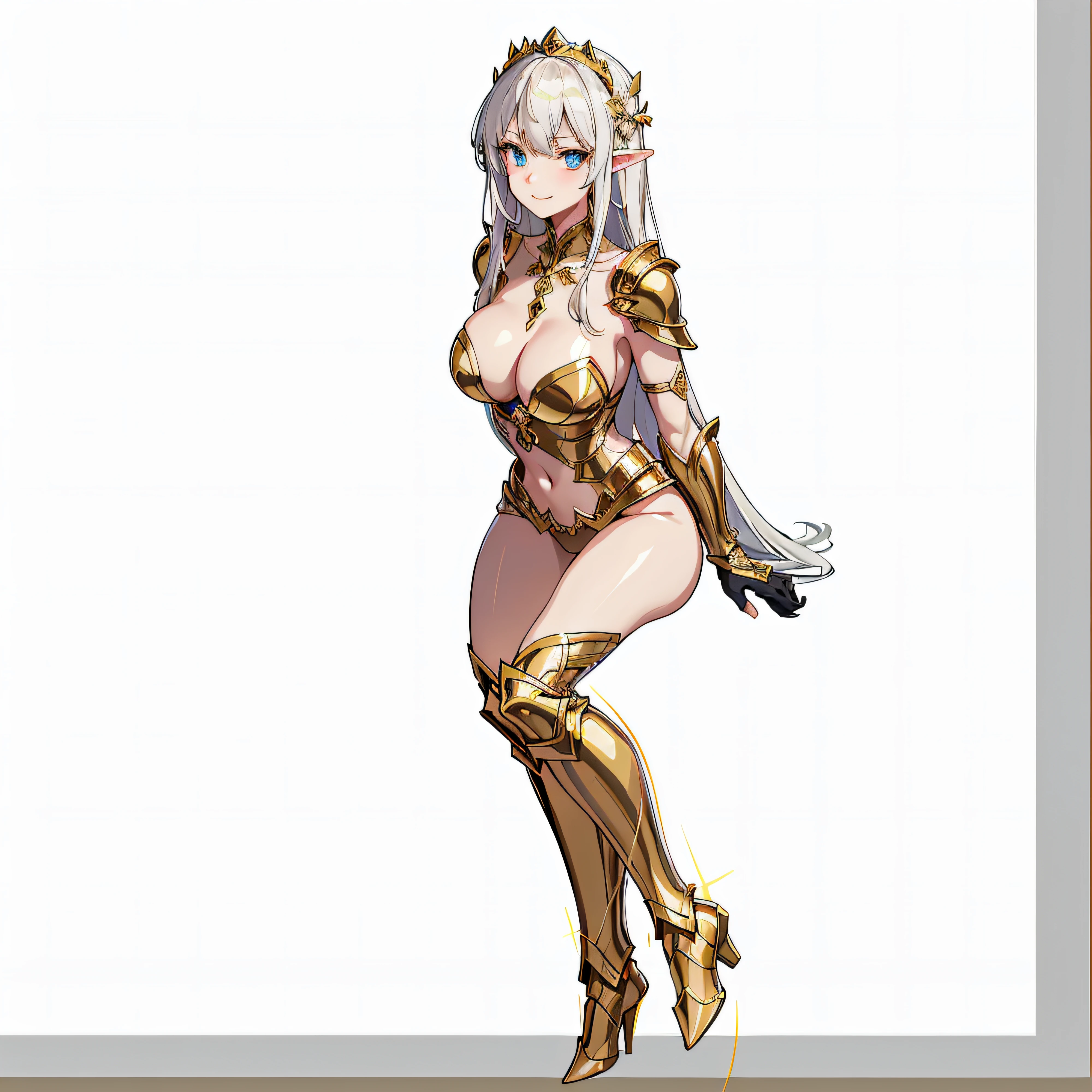 Full body like、A smile、Very slender、Anime girl with blonde hair and gold armor posing naked、anime girl with a very big breast and a very big breast、Elven Girl、anime goddess、Perfect Style、The fleshy feeling of whip、a blond、Blue eyes、alluring elf princess knight、Very open cleavage、oppai proportions、(Exposed seductive attractive cleavage:1.3)、Lower breast、You can almost see the areola、Very thin skirt、Skirt with skimpy、Sheer skirt、Wet sheer skirt、Ultra-thin skirt、Ecchi anime style、Glittering golden armor、Angel Smile、angelic golden armor、Glamorous bikini armor、extremely detailed goddess shot、finely detail、Beautiful fingers、Gold hair ornament、Gold bangles、Gold ankles、Gold Long Boots、Girl in armor、Sexy body、Emphasizes cleavage、Black panties