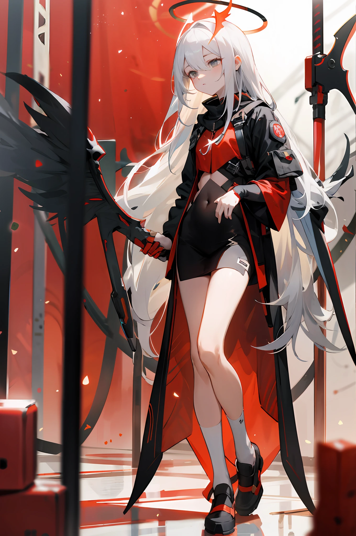 long white hair,looks away,are standing,embarressed,Be red in the face,Keep one's mouth shut,Clamp your legs,Fleshy legs,A white halo on the head,There are black particle wings on the back,Wear white calf socks,exposing your navel