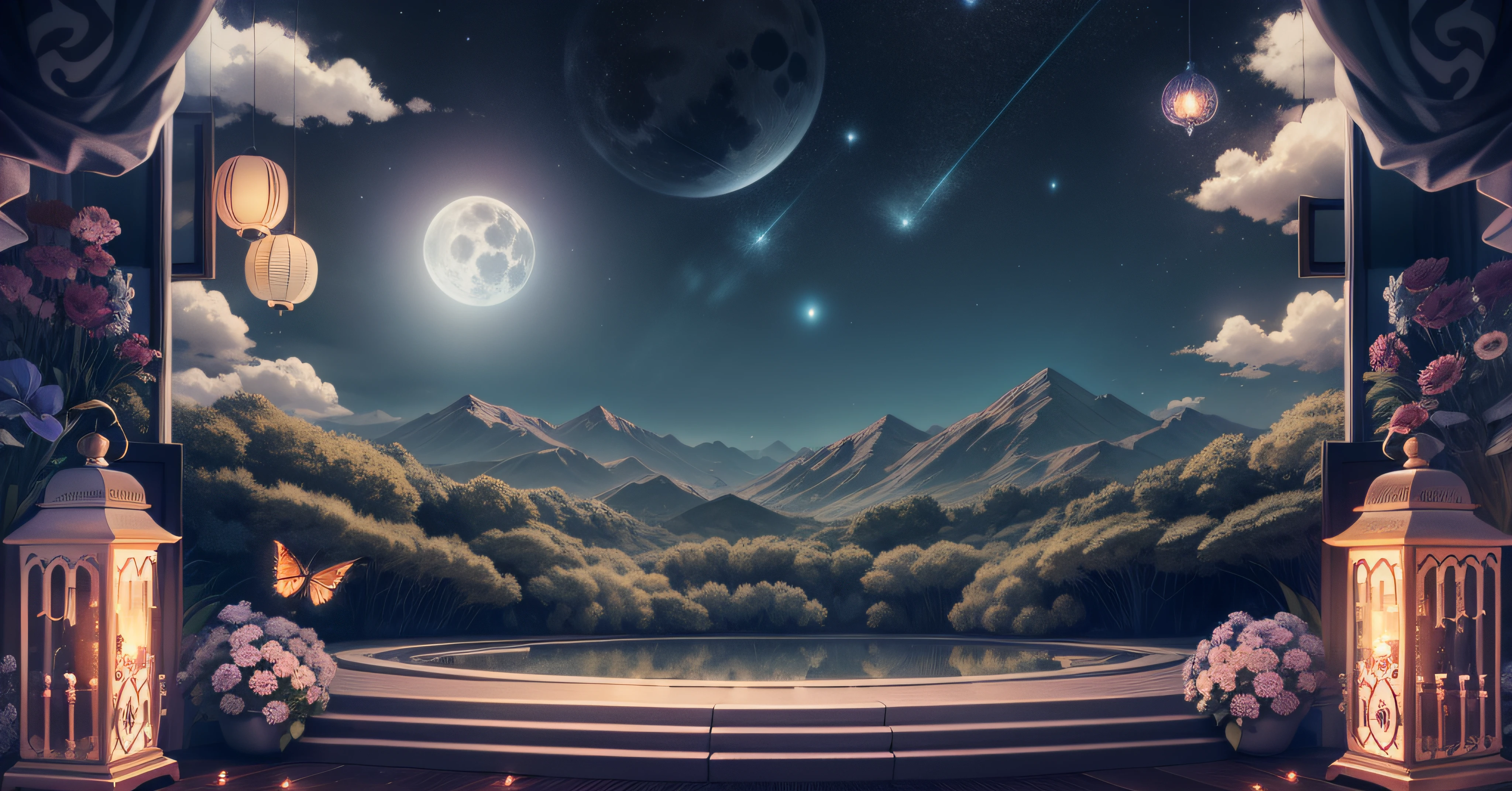 tmasterpiece,Best quality at best,(Very detailed CG unity 8K wallpaper),(Best quality at best),(The best illustrations),paper lanterns、China-style、inside in room,Panoramic window sills、(Huge Full Moon、super moon、In the middle of thepicture)、Far Mountain、Cloud、aquarelle、lakes、As estrelas、meteors、poster for、(glowworm),butterflys,(with light glowing),(Particle effect), Isometric 3D, Octane rendering, Ray traching, ultra-detailliert