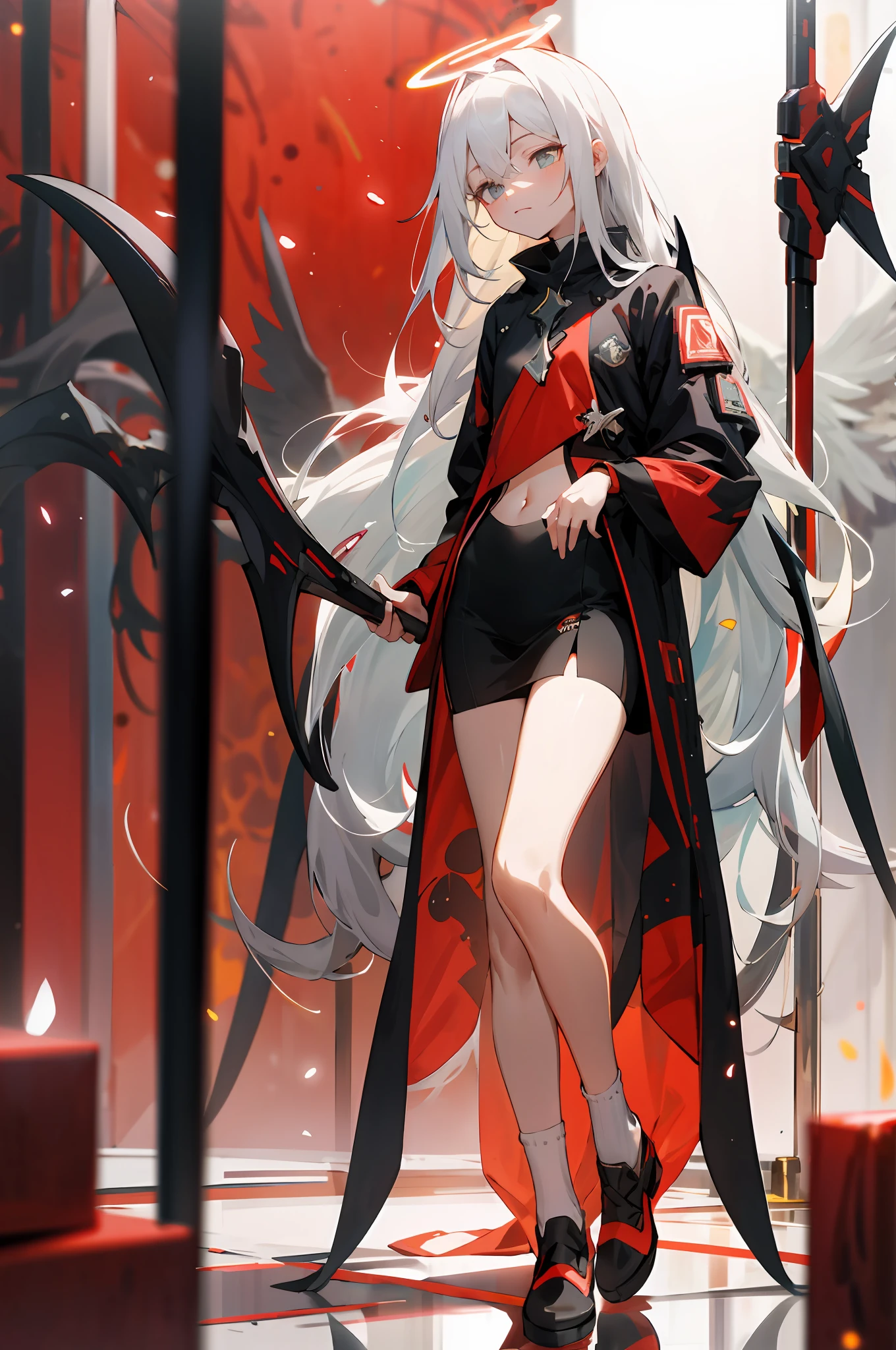 long white hair,looks away,are standing,embarressed,Be red in the face,Keep one's mouth shut,Clamp your legs,Fleshy legs,A white halo on the head,There are black particle wings on the back,Wear white calf socks,exposing your navel