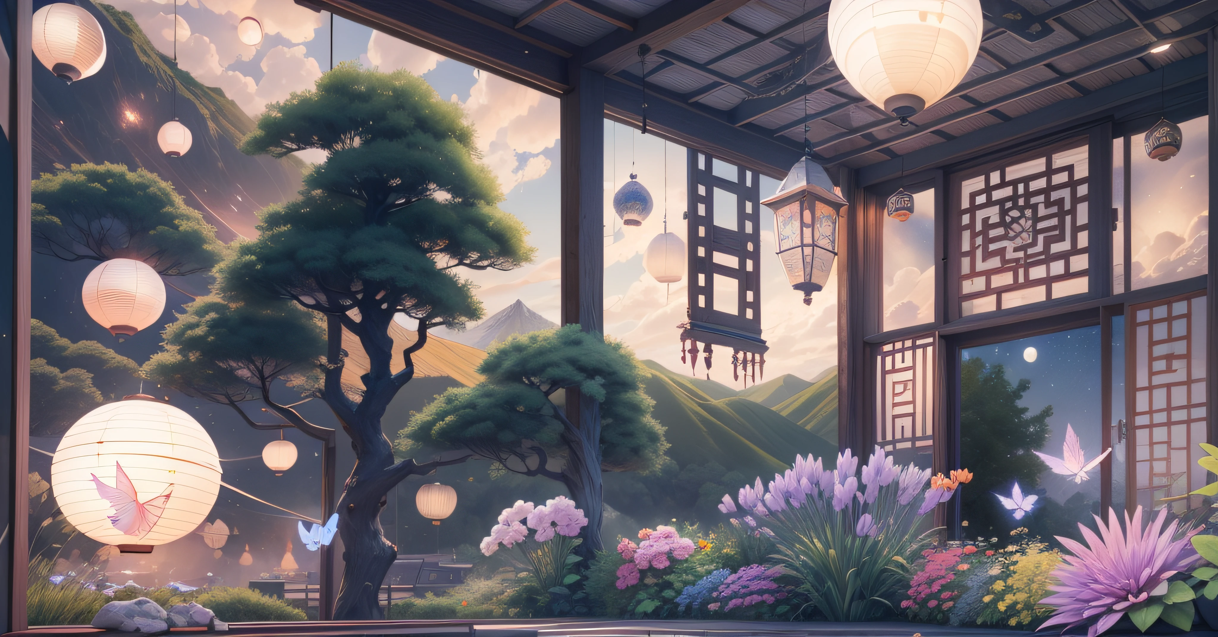 tmasterpiece,Best quality at best,(Very detailed CG unity 8K wallpaper),(Best quality at best),(The best illustrations),paper lanterns、China-style、inside in room,Panoramic window sills、(Huge Full Moon、super moon、In the middle of thepicture)、Far Mountain、Cloud、aquarelle、lakes、As estrelas、meteors、poster for、(glowworm),butterflys,(with light glowing),(Particle effect), Isometric 3D, Octane rendering, Ray traching, ultra-detailliert