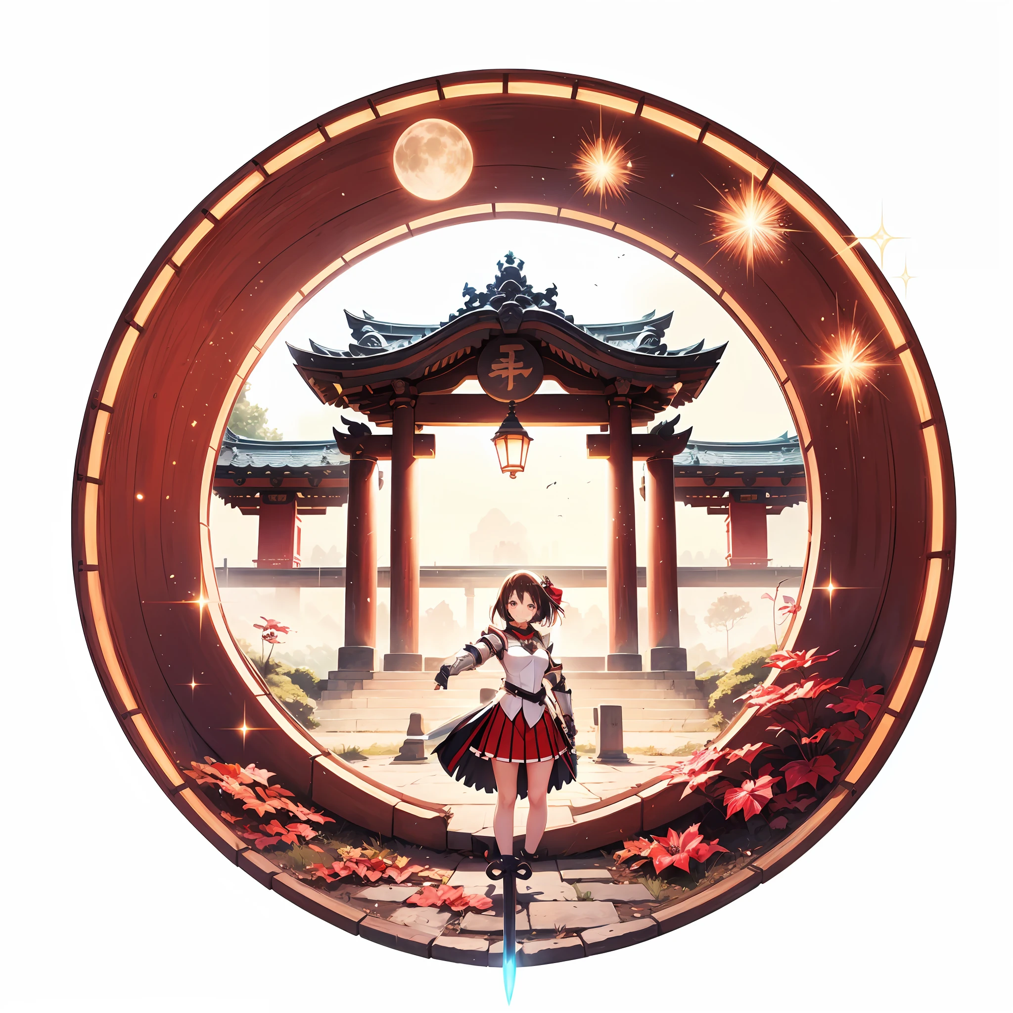 Expressive brunette hair, Smile, Anime style, A female knight, Holding a long sword, intricate armor, red decoration, Short skirt, tall girl, expressionless,stand