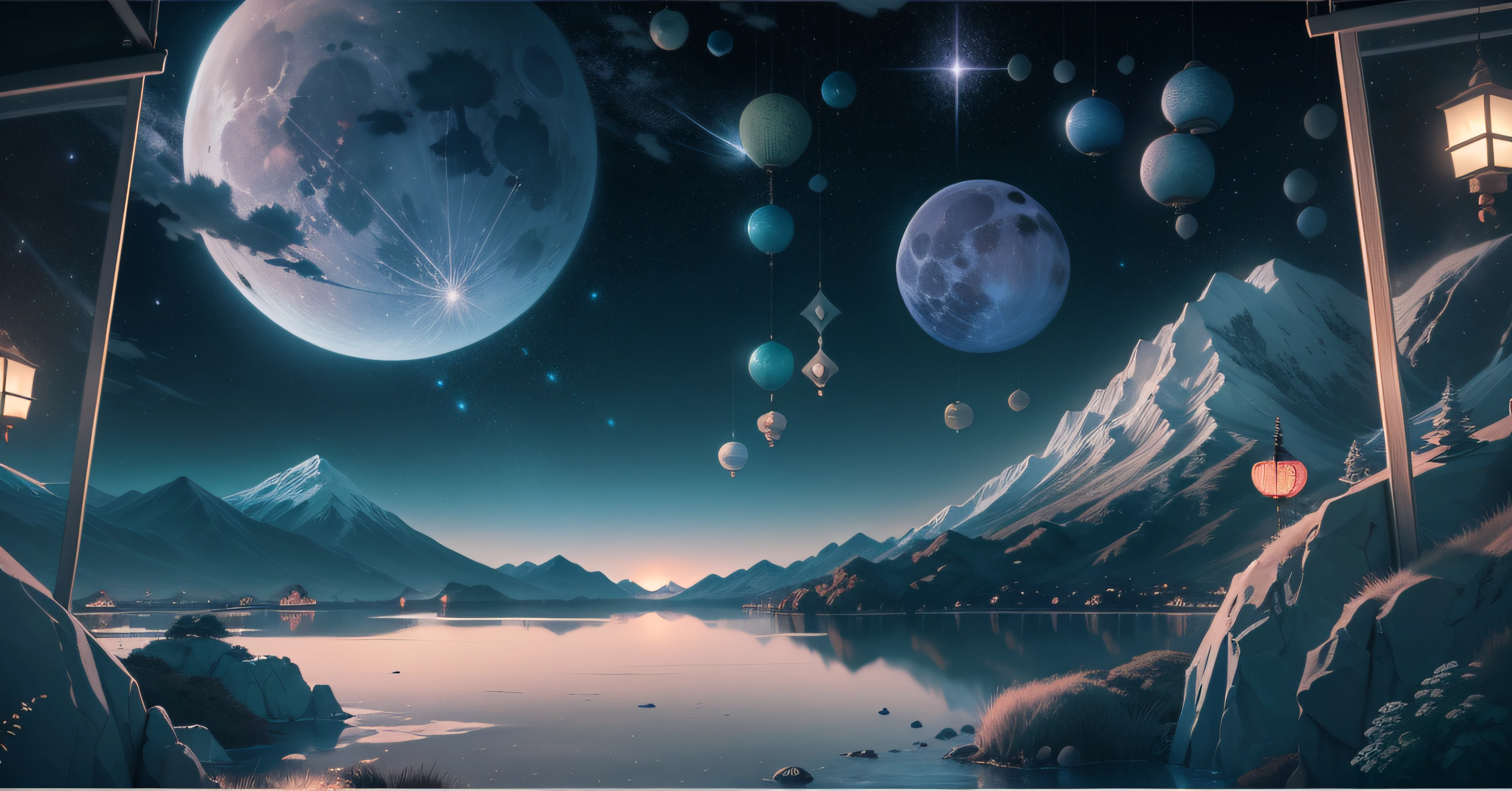 tmasterpiece,Best quality at best,(Very detailed CG unity 8K wallpaper),(Best quality at best),(The best illustrations),paper lanterns、China-style、inside in room,Panoramic window sills、(Huge Full Moon、super moon、In the middle of thepicture)、Far Mountain、Cloud、aquarelle、lakes、As estrelas、meteors、poster for、(glowworm),butterflys,(with light glowing),(Particle effect), Isometric 3D, Octane rendering, Ray traching, ultra-detailliert