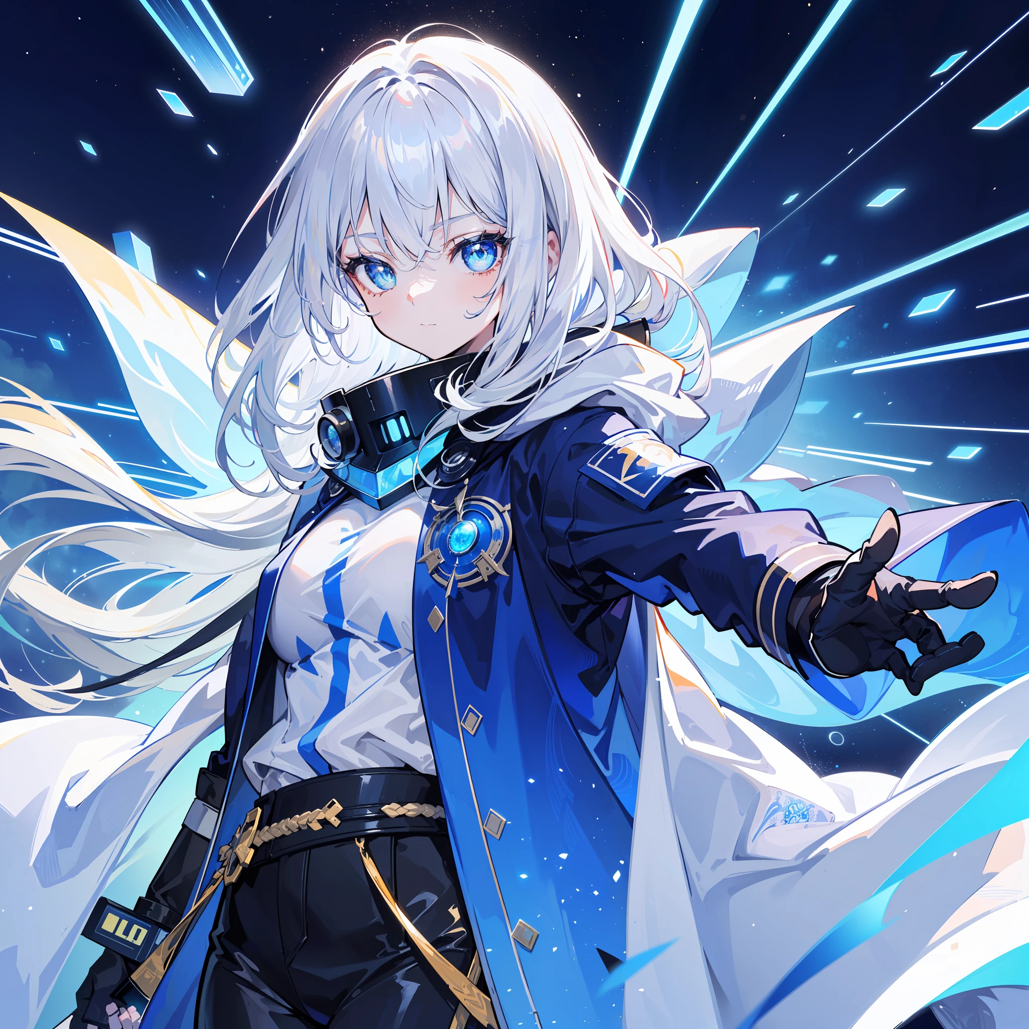 (tmasterpiece, best qualtiy, hyper-high detail, style of anime,HDR,8K,sci-fy)(sci-fi vibes, White-haired girl holding a blue laser katana, Made of blue particles,Wearing a blue and white cloak,Blue pupil), (Simple blue sci-fi electronic pattern decoration), (Huge blue sci-fi space as background)