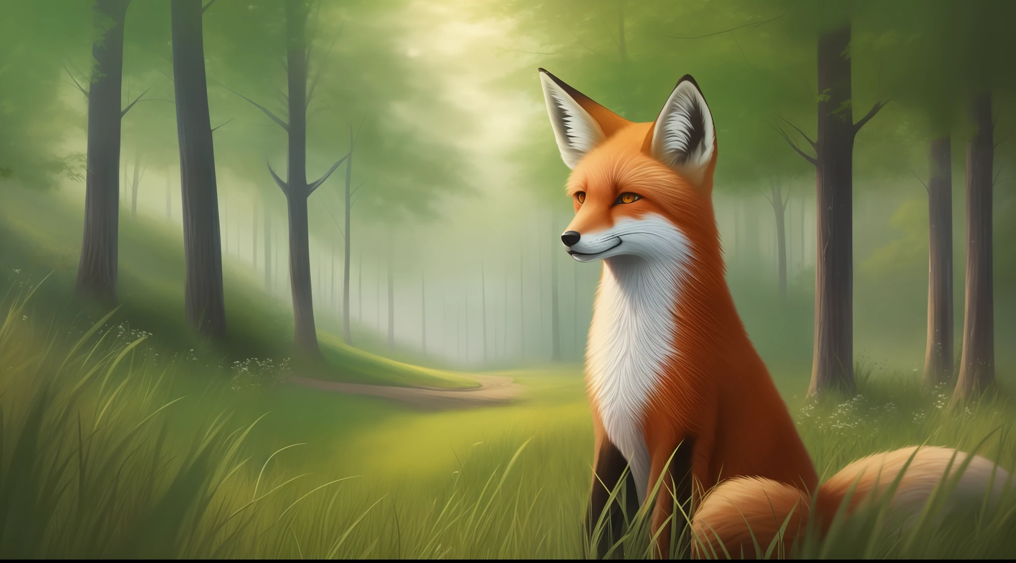 tmasterpiece,High Picture Quality,Science fiction style,Realistic painting style,Scenery dominant,grass field、ln the forest,A fox in a cultivated field。