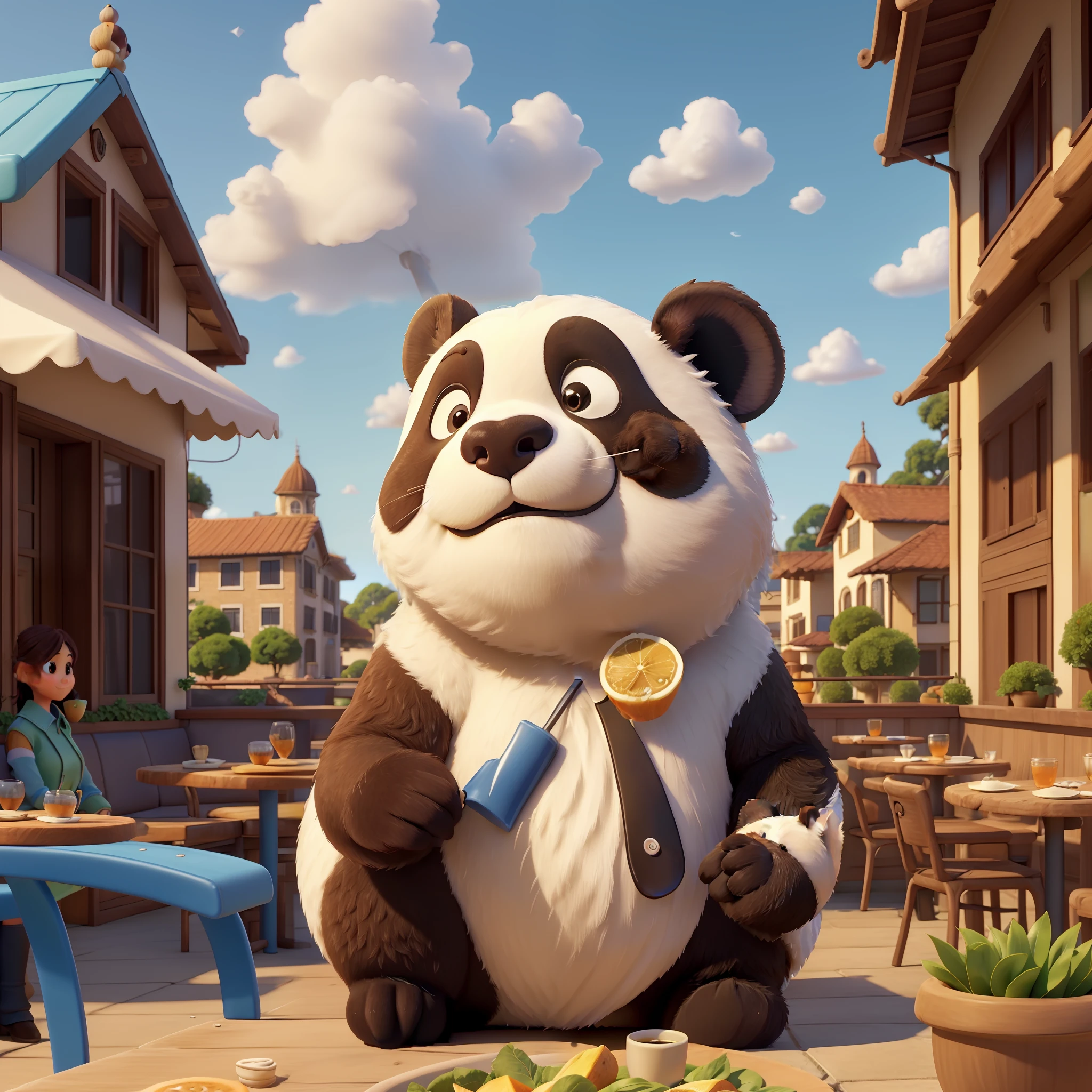 (cute panda:1.2), One face, One horse、ssmile, Bushy smooth coat、personification, Mushroom cap on the head, rendered:(charicature:1.3,Production Movie, the pose:(Lively:1.2, amusing), modeled:(ultra-quality:1.2,8K,Orthographic view), blue-sky, for the background(Morning Cafe Terrace:1.1),｛Complex and ultra-detailed, Giuseppe Arcimboldo｝