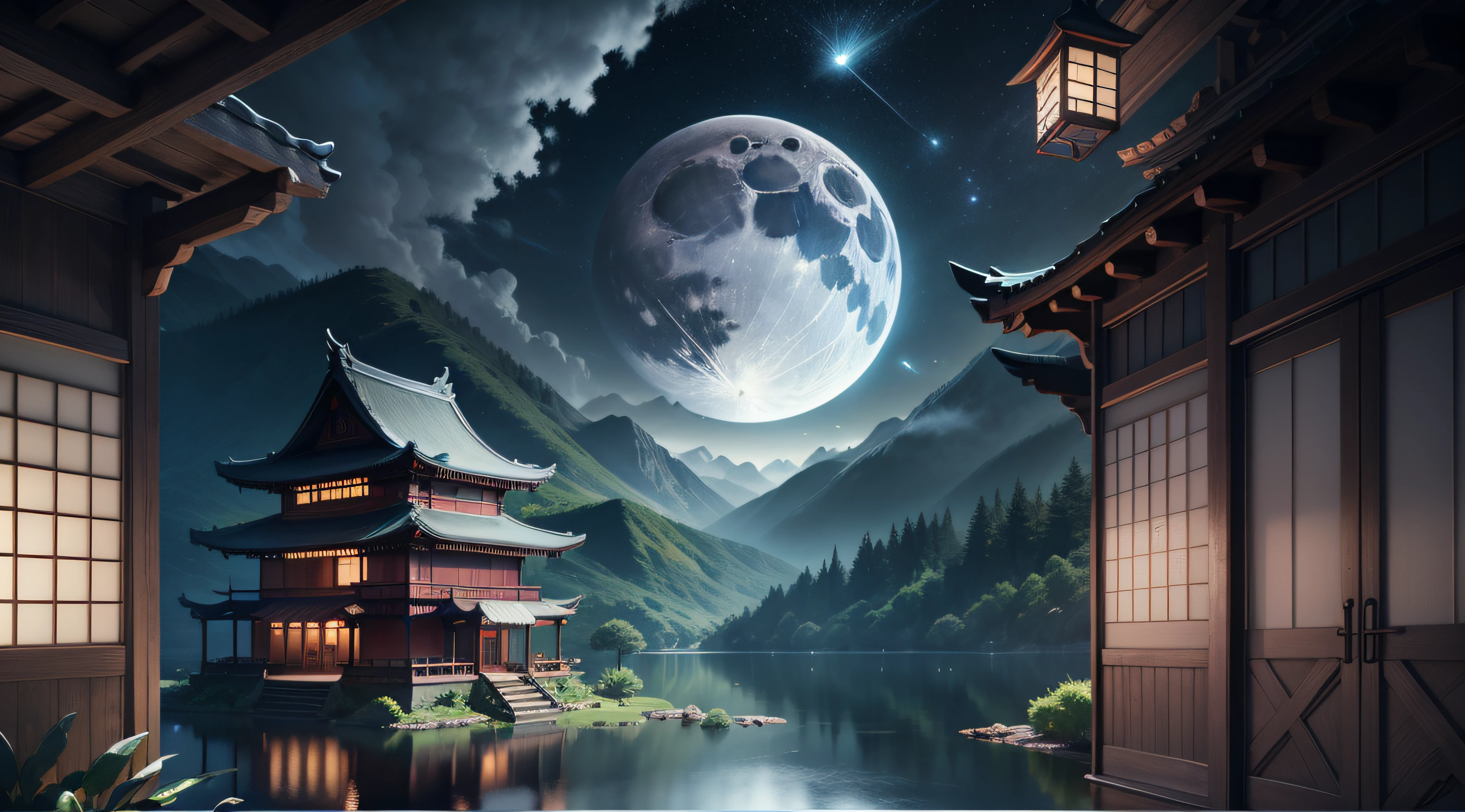 tmasterpiece,Best quality at best,(Very detailed CG unity 8K wallpaper),(Best quality at best),(The best illustrations),east asian architecture,paper lanterns、China-style、inside in room,Panoramic windows、(Huge Full Moon、In the middle of thepicture)、Far Mountain、Cloud、aquarelle、lakes、As estrelas、meteors、poster for、(glowworm),butterflys,(with light glowing),(Particle effect), Isometric 3D, Octane rendering, Ray traching, ultra-detailliert