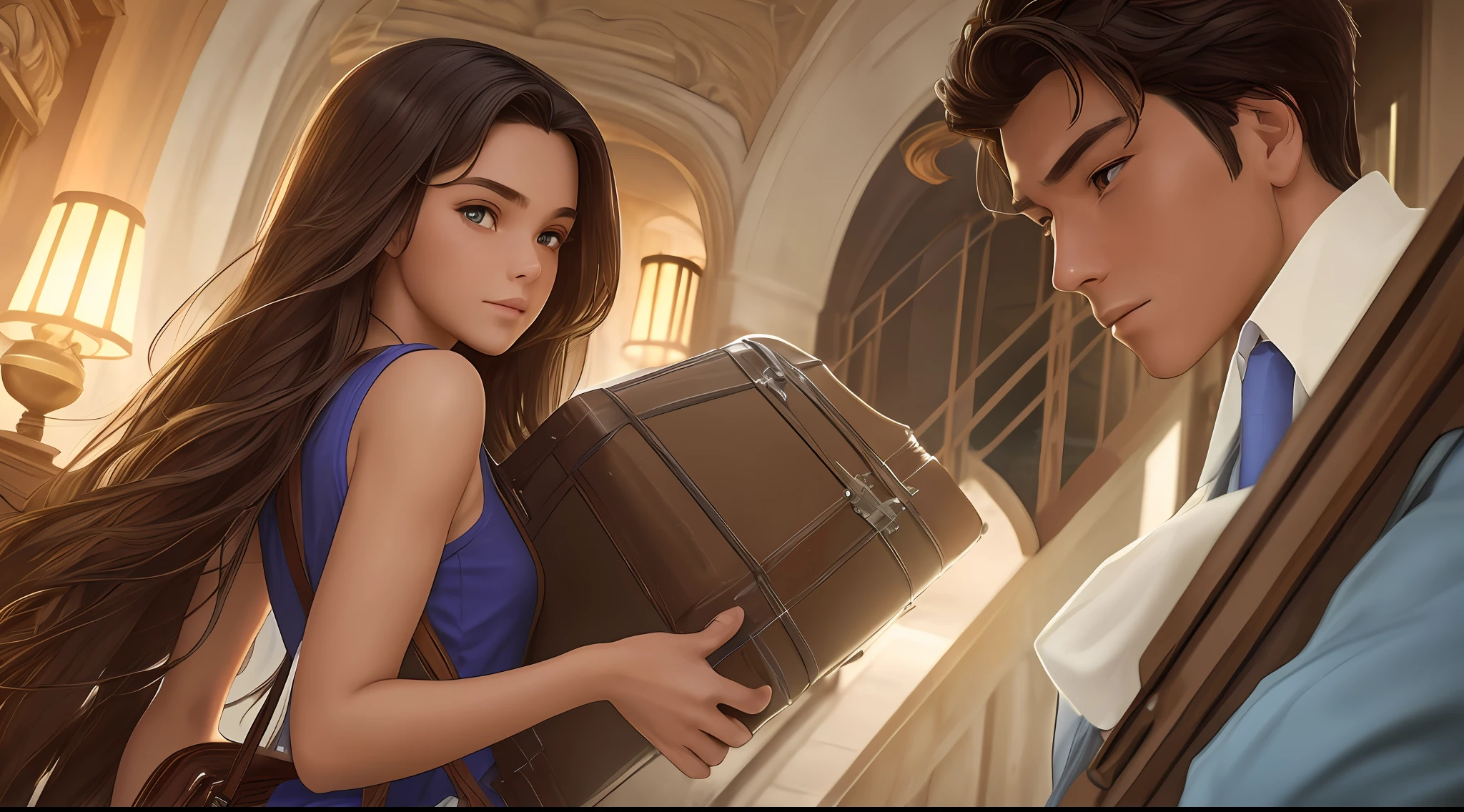 Girl with long brown hair,Carrying a suitcase,Go up the stairs,on back,Seeing the shirtless upper body sleepy-eyed,A handsome boy with short blue hair who came out of the bedroom with a smelly face,frontage,Best image quality,Higher quality,high detal,超高分辨率,exquisite facial features,s the perfect face,Glowing skin,disney movie,pixar animation,Cinematic lighting,natural soft light, --auto