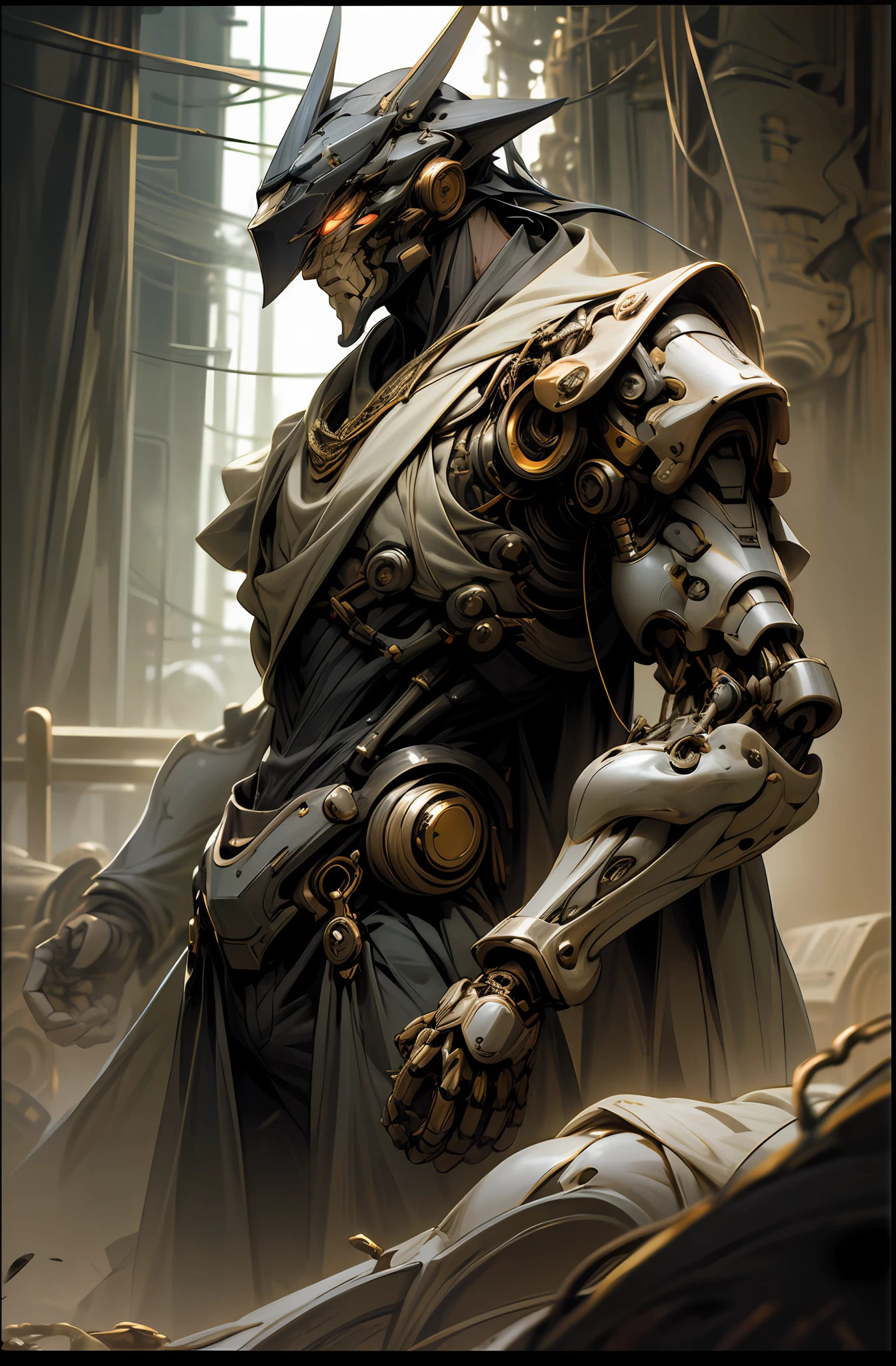 Dark_Fantasy,Cyberpunk,(chain saw,chain saw man,Red:1.1),1man,Mechanical marvel,Robotic presence,Cybernetic guardian,wearing a worn-out mech suit，（masked），（（Overlay control）），iintricate，（Steel metal[Reflective]），ellegance，Clear focus，Photo by Greg Rutkowski，gentlesoftlighting，vivd colour，tmasterpiece，（（the street）），cow boy shot，dynamicposes，