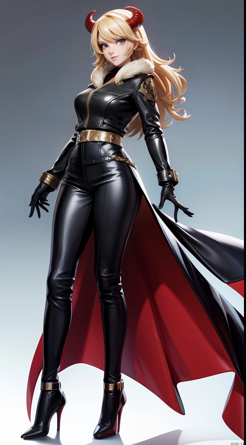 solo, super fine photo, full body photo picture Unreal Engine 5 8K UHD, beautiful girl, half-face demon, blonde hair, black leather catsuit with fur leather jacket, red demon right eyes, thigh belts, gold accessories, rich girl, leather gloves, high heels, fantasy theme, fantasy design, beautiful make up, best quality, masterpiece, unified 8k wallpaper, super detailed, sharp focus.