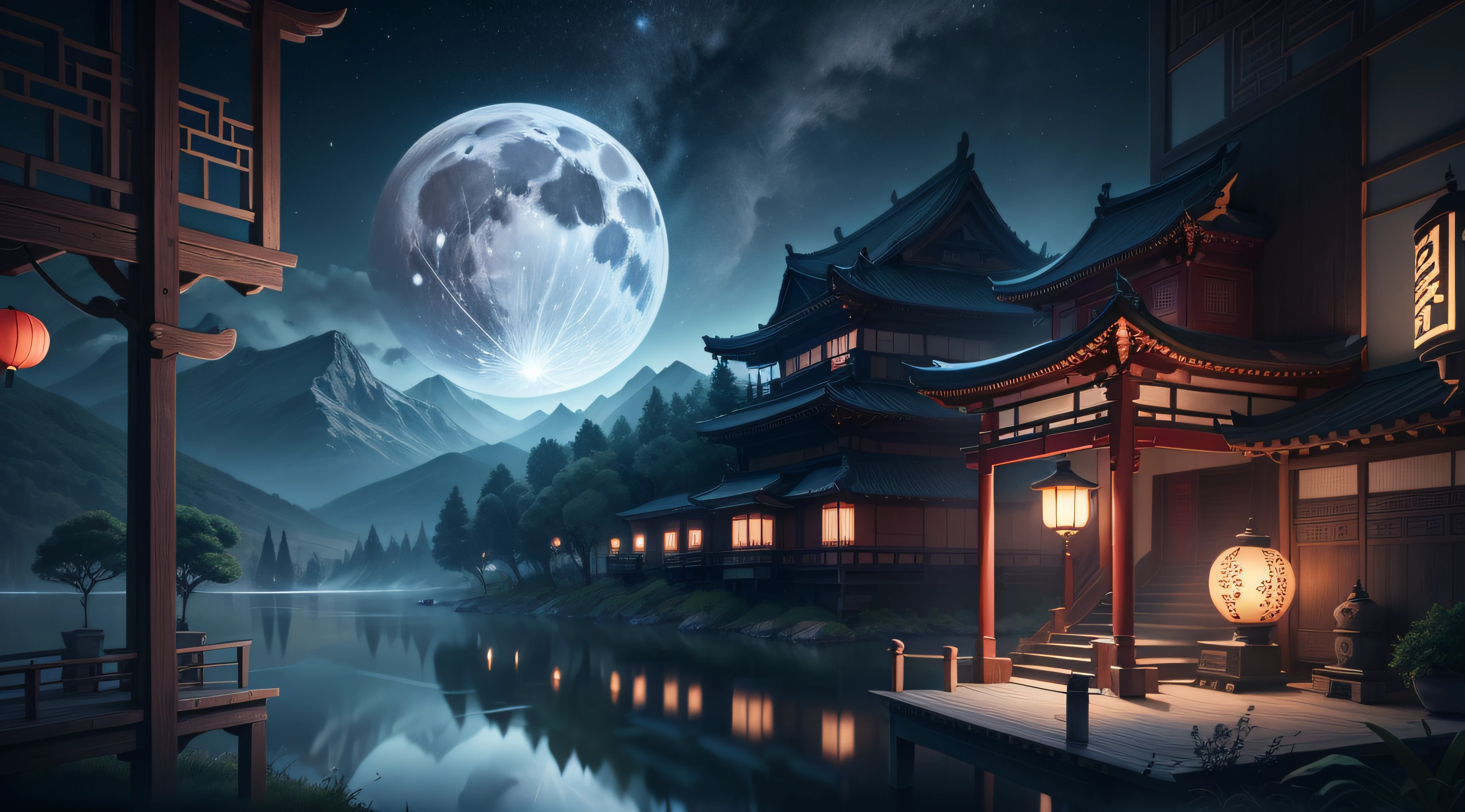 tmasterpiece,Best quality at best,(Very detailed CG unity 8K wallpaper),(Best quality at best),(The best illustrations),east asian architecture,paper lanterns、China-style、inside in room,Panoramic windows、(Huge Full Moon、In the middle of thepicture)、Far Mountain、Cloud、aquarelle、lakes、As estrelas、meteors、poster for、(glowworm),butterflys,(with light glowing),(Particle effect), Isometric 3D, Octane rendering, Ray traching, ultra-detailliert