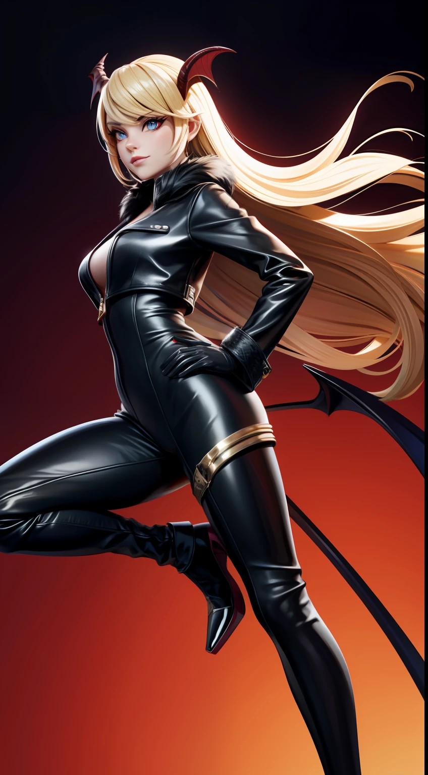 solo, super fine photo, full body photo picture Unreal Engine 5 8K UHD, beautiful girl, half-face demon, blonde hair, black leather catsuit with fur leather jacket, red demon right eyes, thigh belts, gold accessories, rich girl, leather gloves, high heels, fantasy theme, fantasy design, beautiful make up, best quality, masterpiece, unified 8k wallpaper, super detailed, sharp focus.