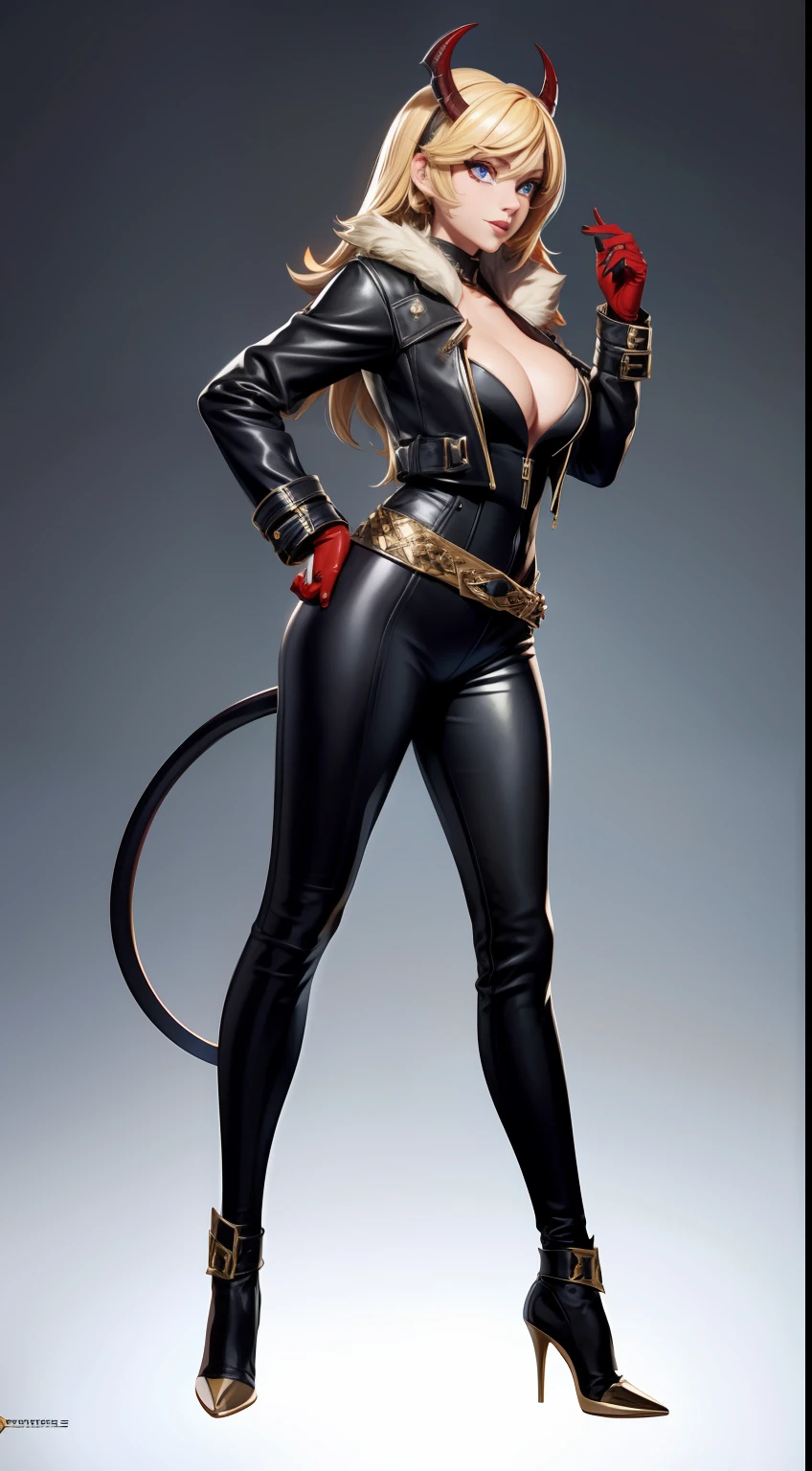 solo, super fine photo, full body photo picture Unreal Engine 5 8K UHD, beautiful girl, half-face demon, blonde hair, black leather catsuit with fur leather jacket, red demon right eyes, thigh belts, gold accessories, rich girl, leather gloves, high heels, fantasy theme, fantasy design, beautiful make up, best quality, masterpiece, unified 8k wallpaper, super detailed, sharp focus.