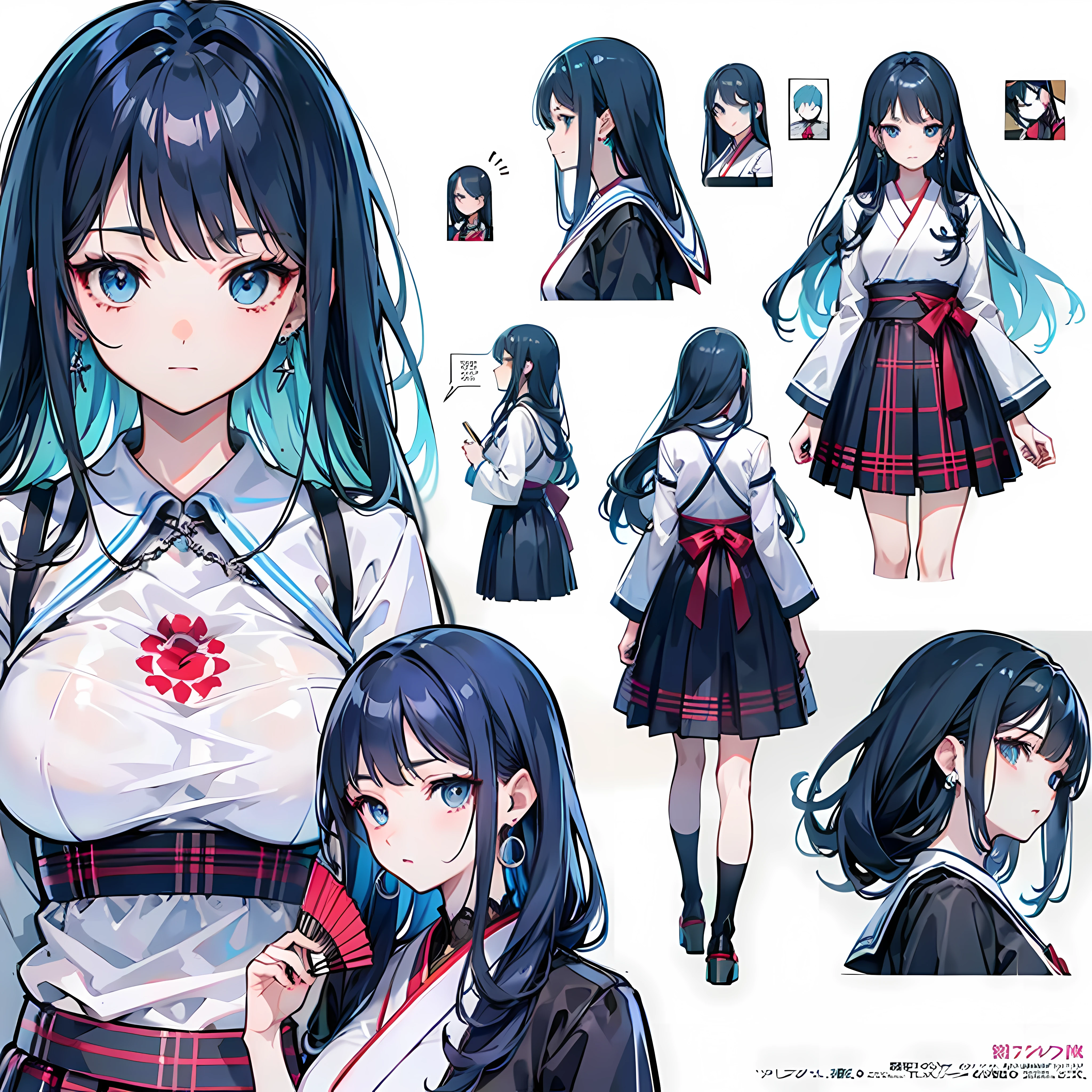 Anime characters with long hair and dresses，coffeehouse，lightblue hair，Light blue eyes，Be red in the face，White color blouse，long plaid skirt，Phillips stud earrings，Students carry beautiful fan art，detail-rich, Highly detailed character design, beautiful full-body concept art, Great character design, detailed anime character art, character design art, high quality character design, Detailed character design, [ Character design ] ，Japanese painted manga style