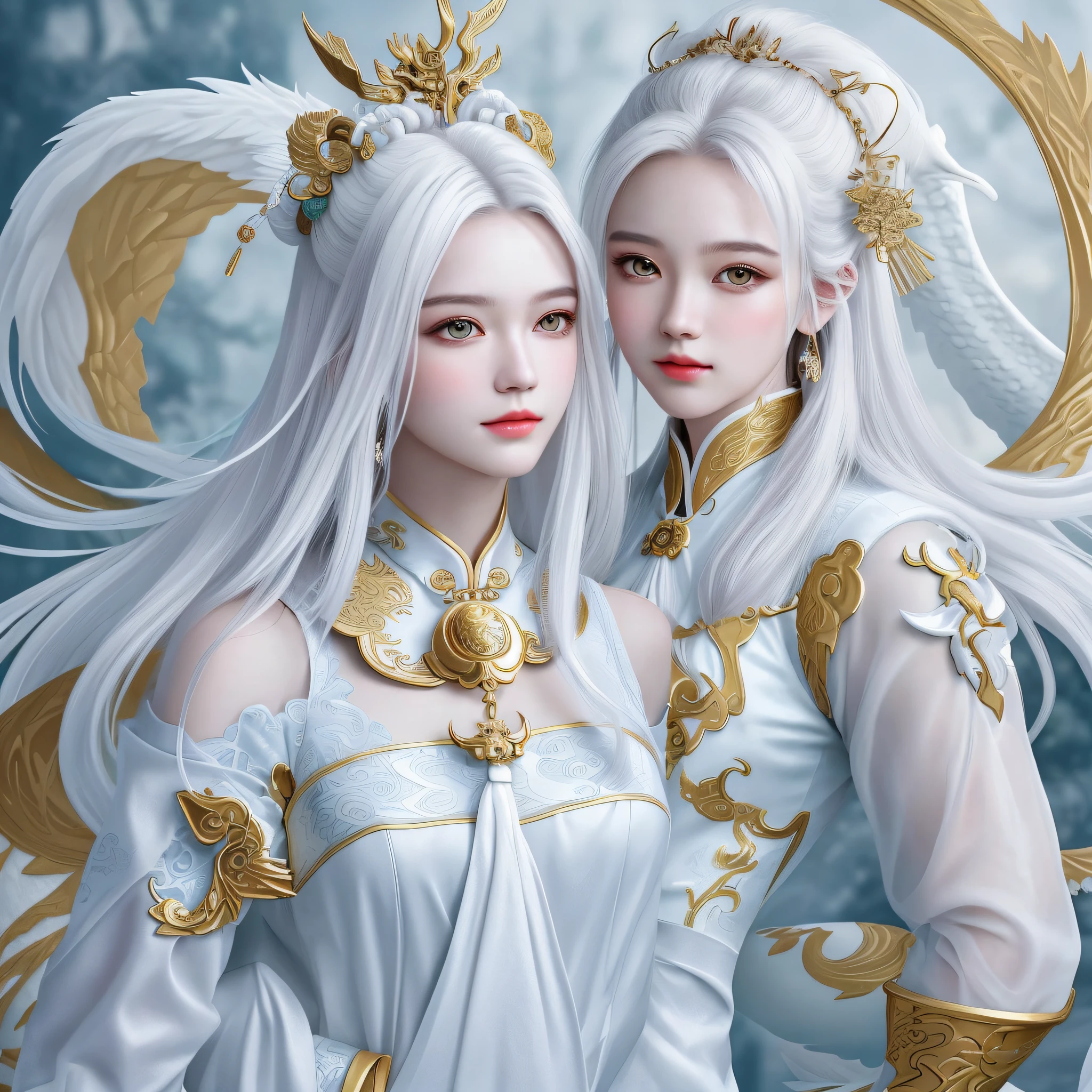 (tmasterpiece),(Best quality at best),(Super refined),(illustratio),(Extremely refined and beautiful),(dynamic angle),White highlights,(The legendary Chinese dragon),personification,chinesedragon,(Complicated details)(Beautiful and refined eyes),delicated face,Half-body close-up,Messy floating hair,Messy white hair,Decoration on the head,(Feminine and cute),focal,(Fantasy wind),Gold and white clothes,(complexdetails),20yr old