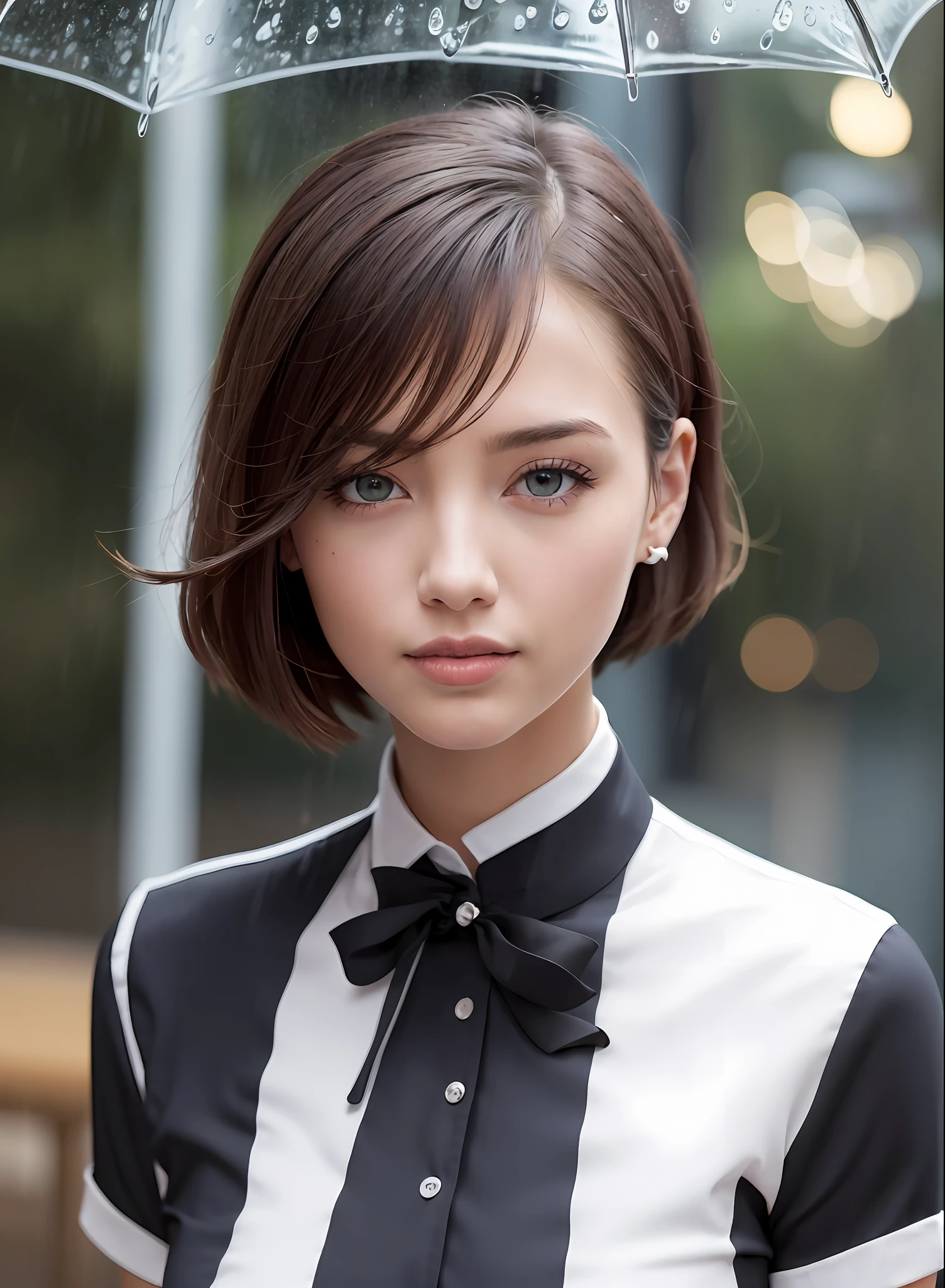 (8k, Best Quality, Masterpiece: 1.2), (Realistic, Photorealistic: 1.37), Super Detailed, 1 Girl, Cute, Alone, Beautiful Detailed Sky, Detailed Cafe, Night, Sitting, Date, ( Nose blush), (smile: 1.15), (close mouth) small breasts, beautiful details, (collared shirt: 1.1), night, wet, business wear, rain, white lace, (short hair: 1.2), floating Hair NovaFrogStyle,